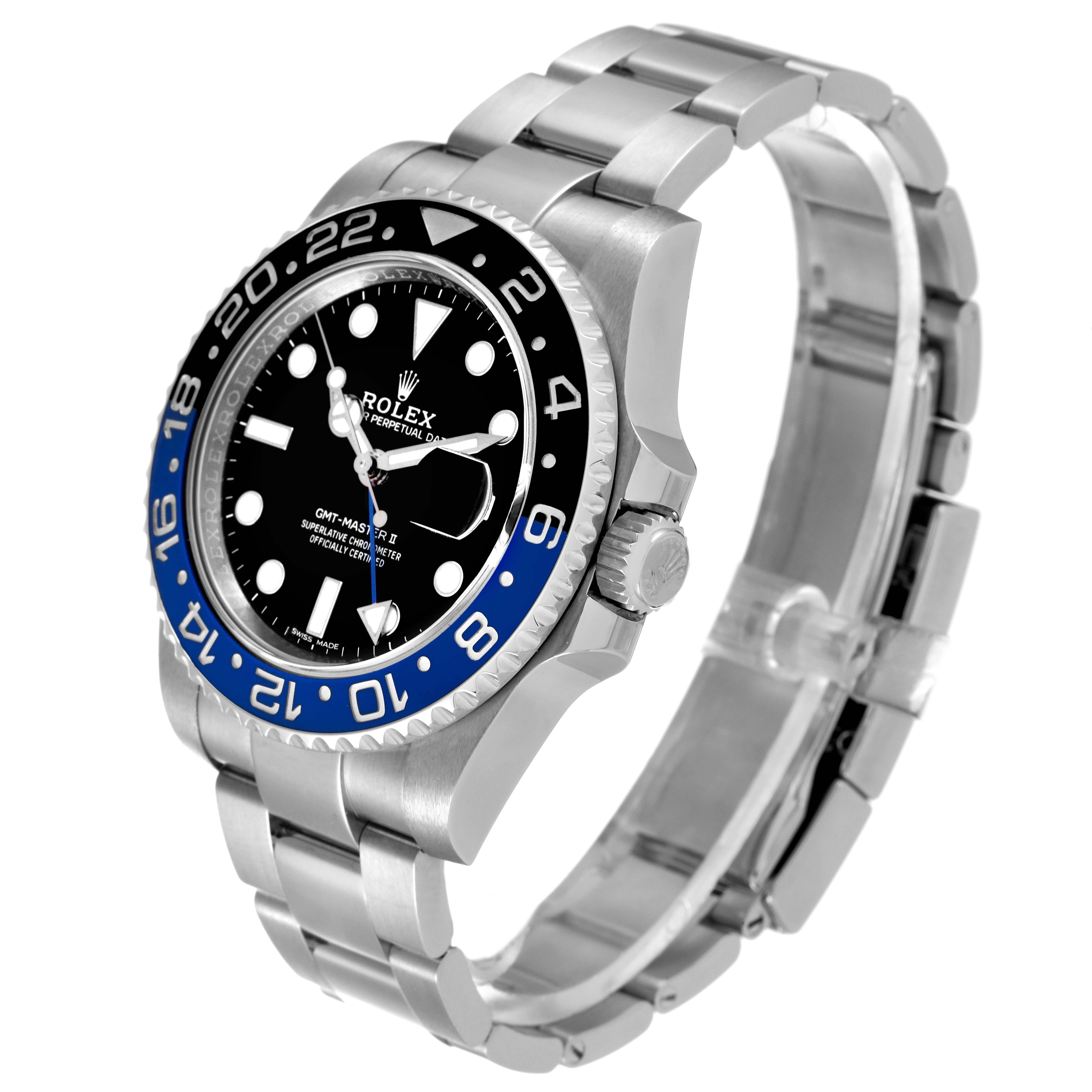 The image shows a Rolex GMT-Master 116710 Men's Stainless Steel Black Dial 116710 Men's Stainless Steel Black Dial II watch angled to display the face, bezel, and bracelet.