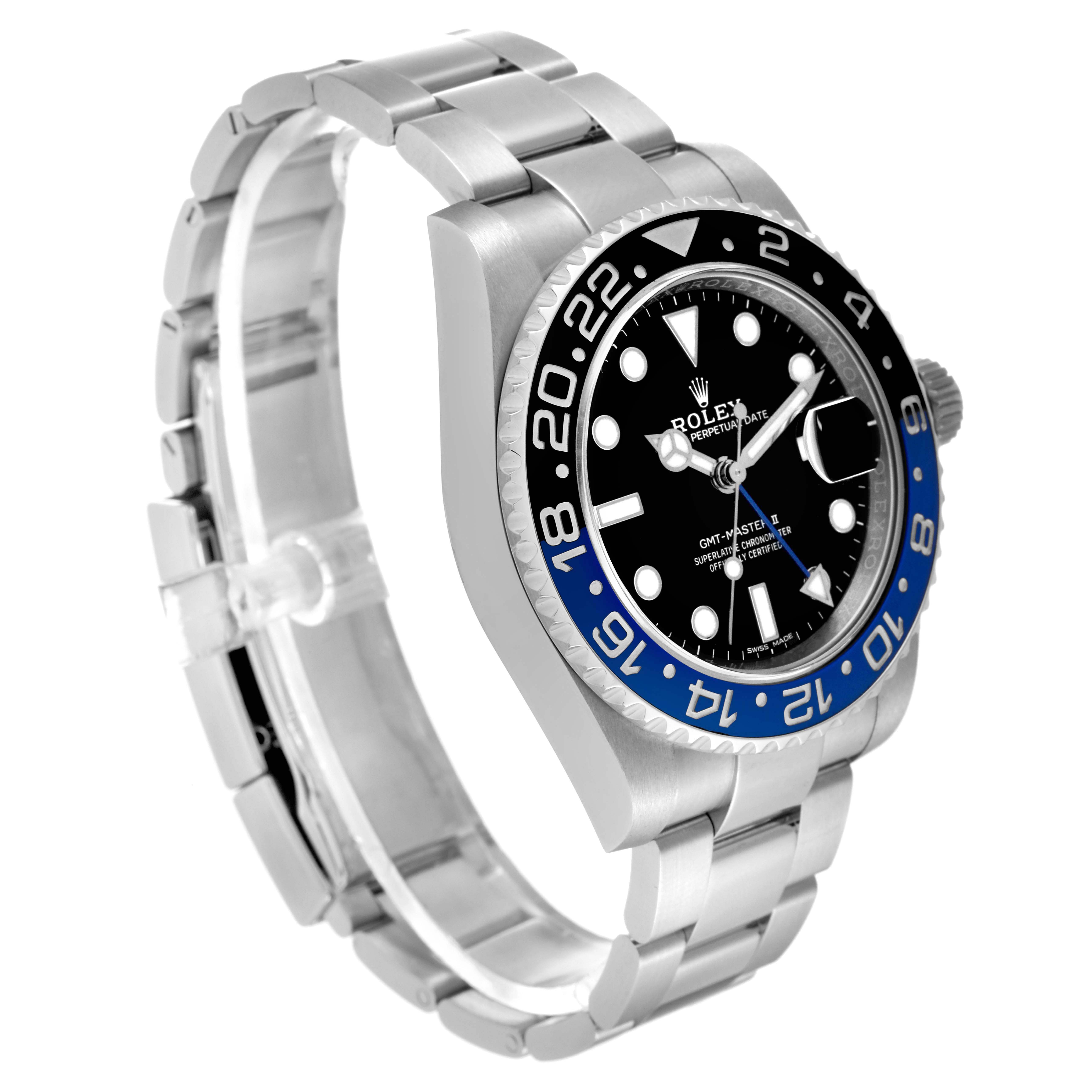 The image shows a Rolex GMT-Master 116710 Men's Stainless Steel Black Dial 116710 Men's Stainless Steel Black Dial watch at an angled side view, highlighting the bezel, case, and bracelet.