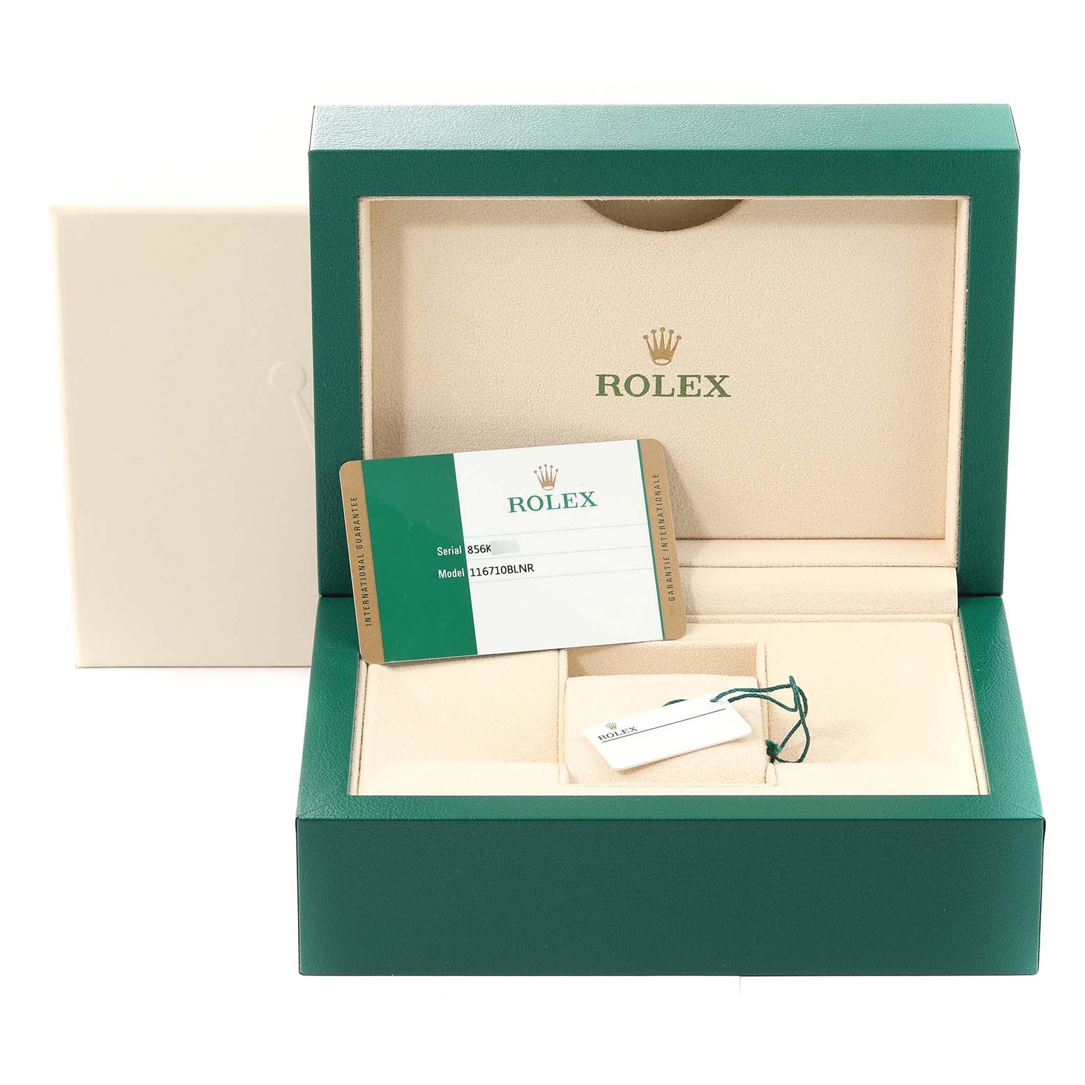 The image shows the packaging and accessories for a Rolex GMT-Master 116710 Men's Stainless Steel Black Dial 116710 Men's Stainless Steel Black Dial, including the watch box, warranty card, and hang tags.