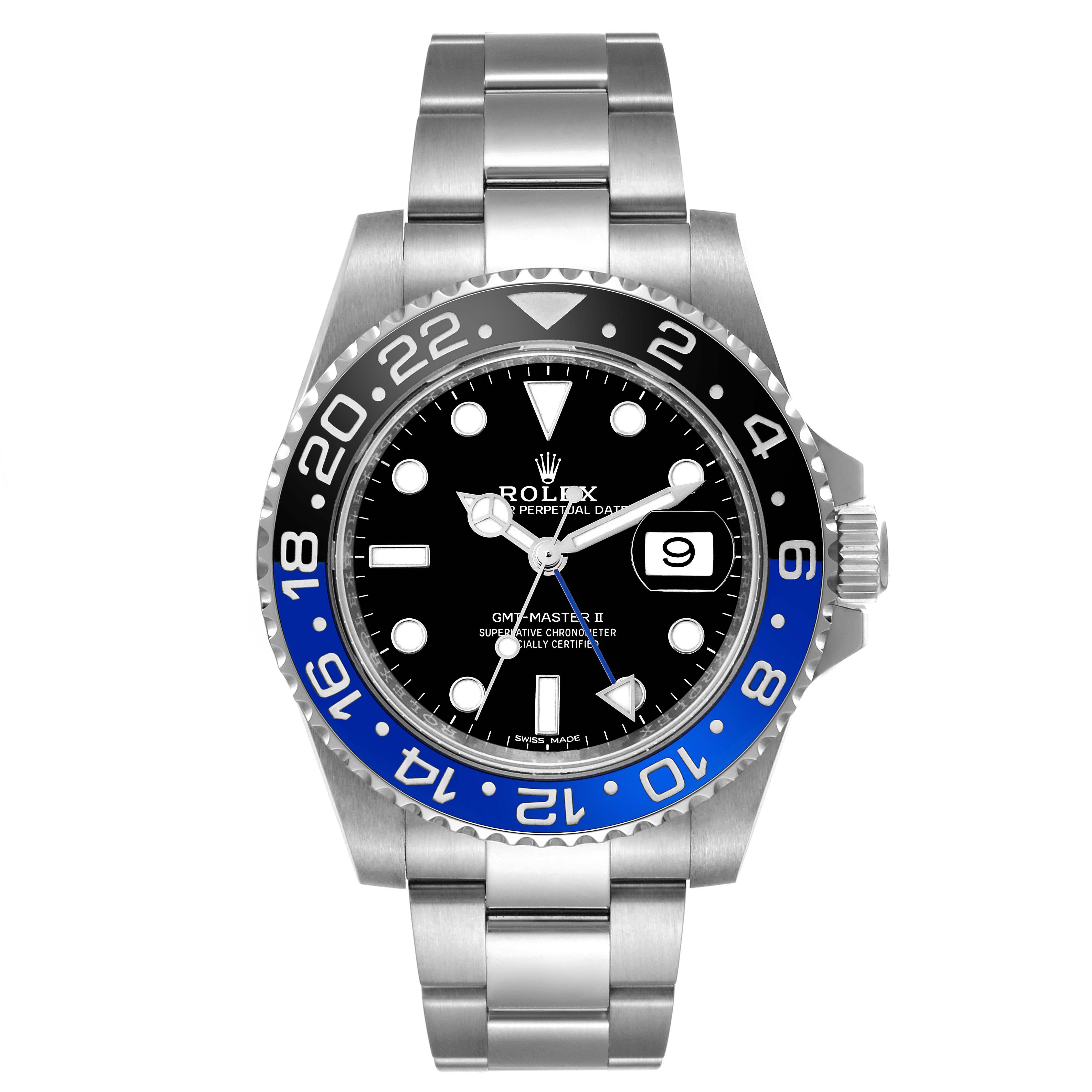 The Rolex GMT-Master 116710 Men's Stainless Steel Black Dial 116710 Men's Stainless Steel Black Dial II watch is shown from a front angle, displaying the face, bezel, crown, and bracelet.