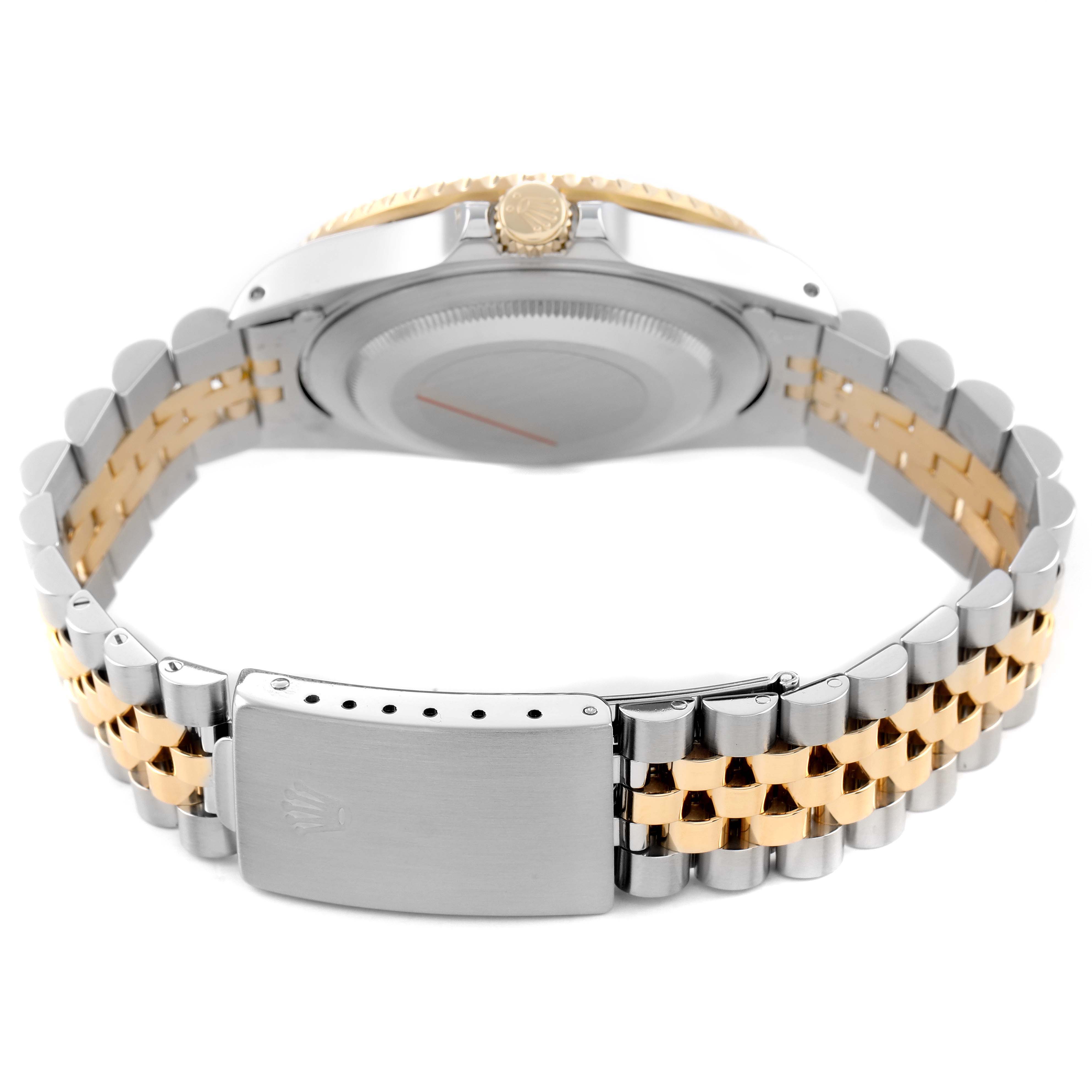 The image shows the back and side view of a Rolex GMT-Master 16713 Men's Steel and Gold (two tone) Brown Dial watch, highlighting the bracelet and clasp.