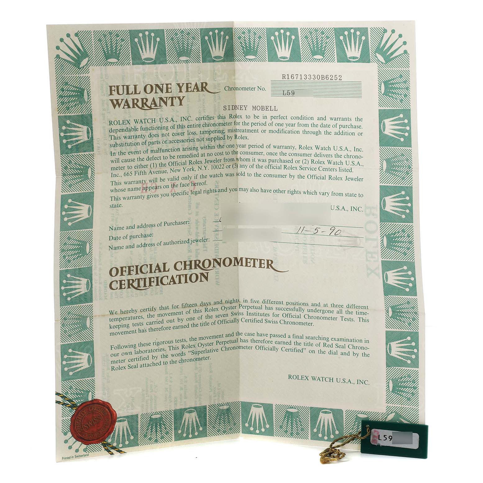 The image shows a Rolex GMT-Master 16713 Men's Steel and Gold (two tone) Brown Dial warranty card and official chronometer certification, with a tag attached.