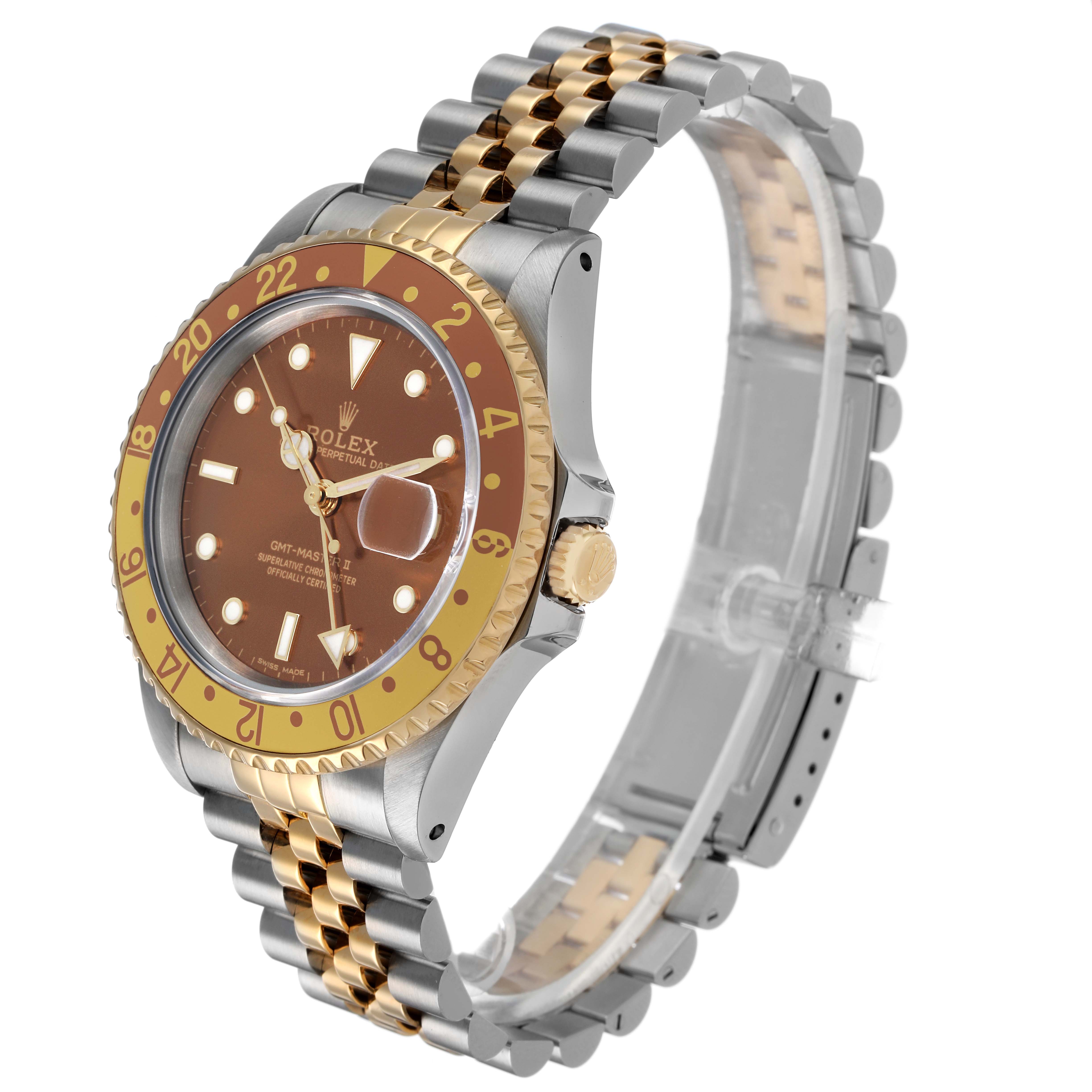 The Rolex GMT-Master 16713 Men's Steel and Gold (two tone) Brown Dial watch is shown at an angle displaying the bezel, dial, crown, and two-tone bracelet.