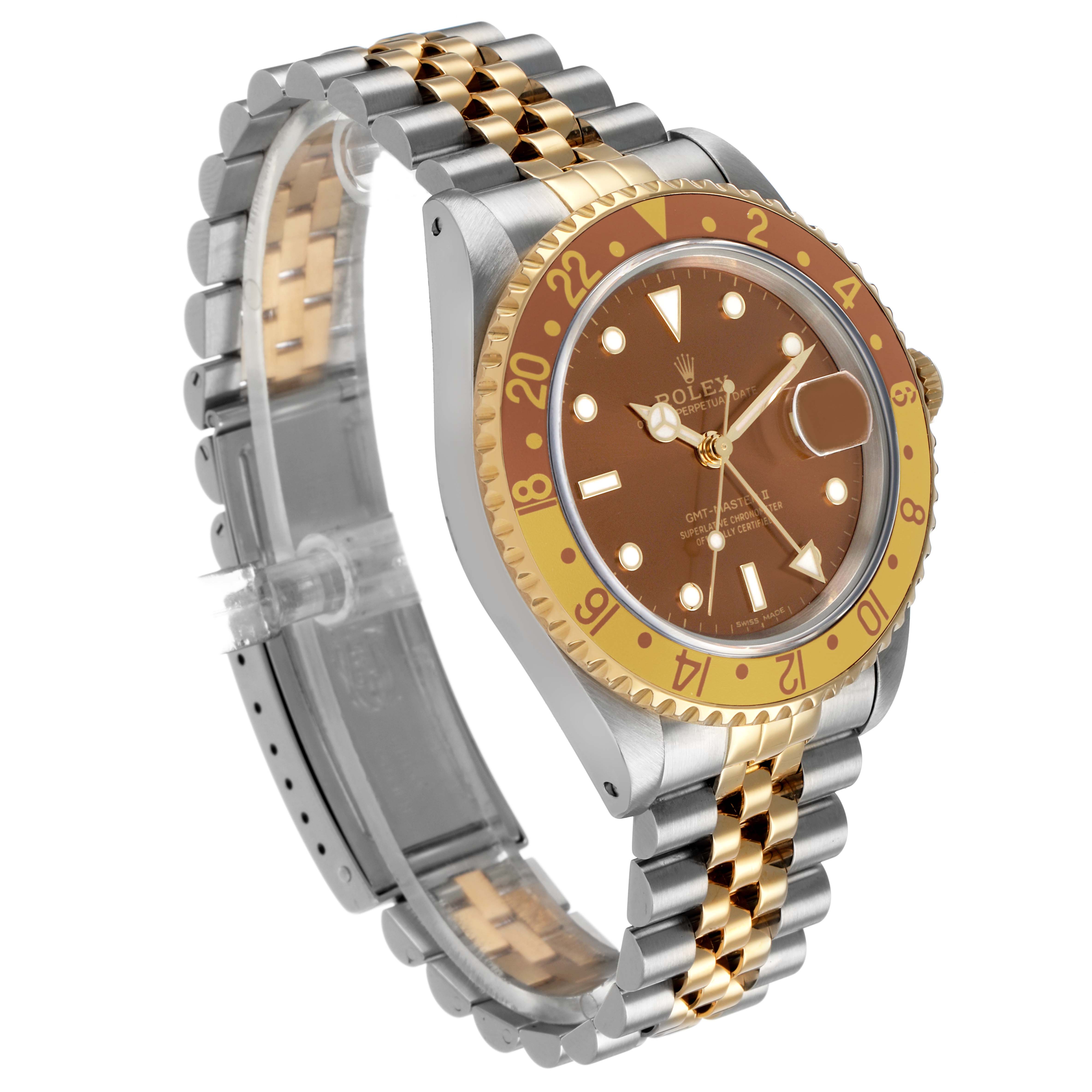 The Rolex GMT-Master 16713 Men's Steel and Gold (two tone) Brown Dial watch is shown at a three-quarter angle, displaying the dial, bezel, and two-tone bracelet.