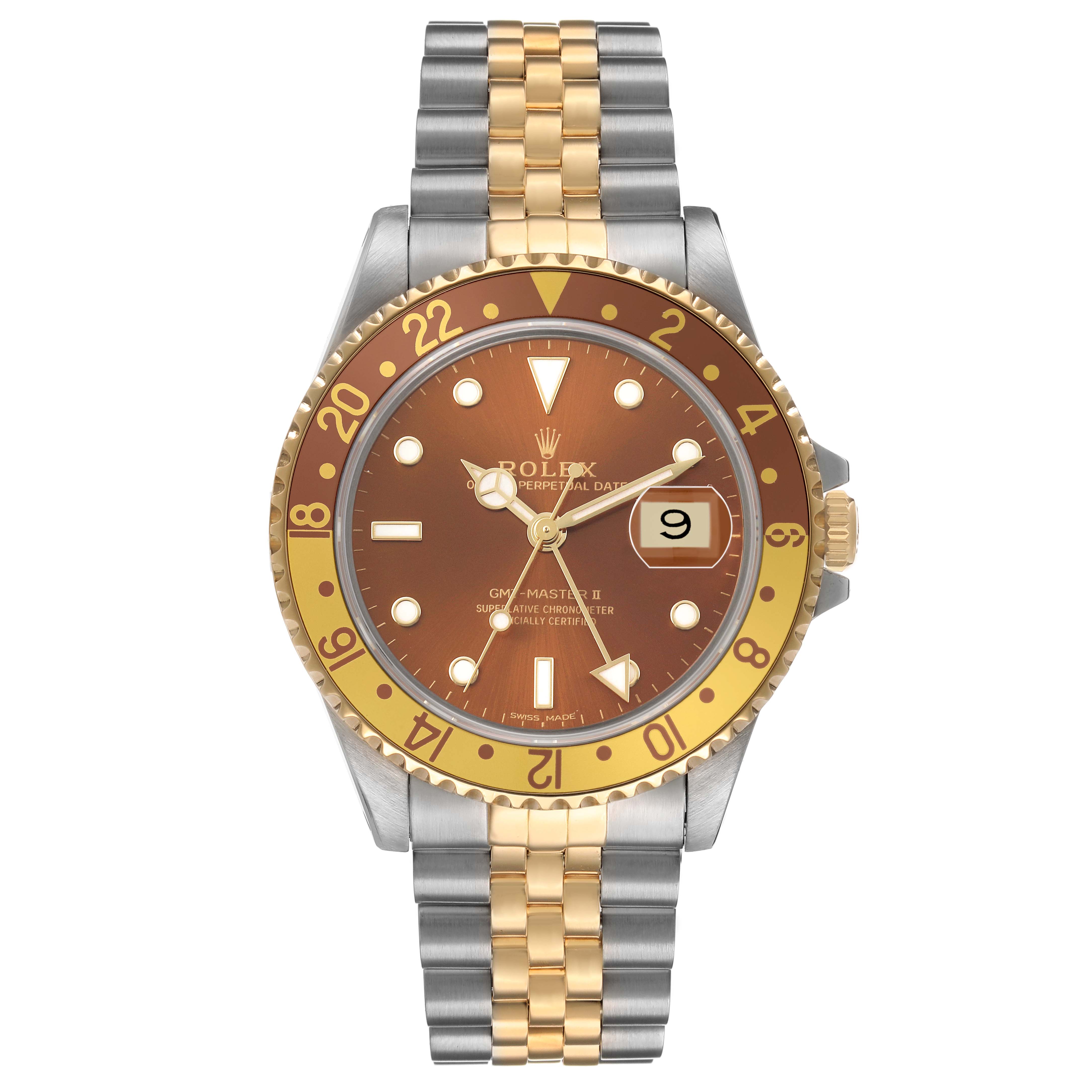 The Rolex GMT-Master 16713 Men's Steel and Gold (two tone) Brown Dial watch is shown from a front angle, displaying the face, bezel, and bracelet clearly.