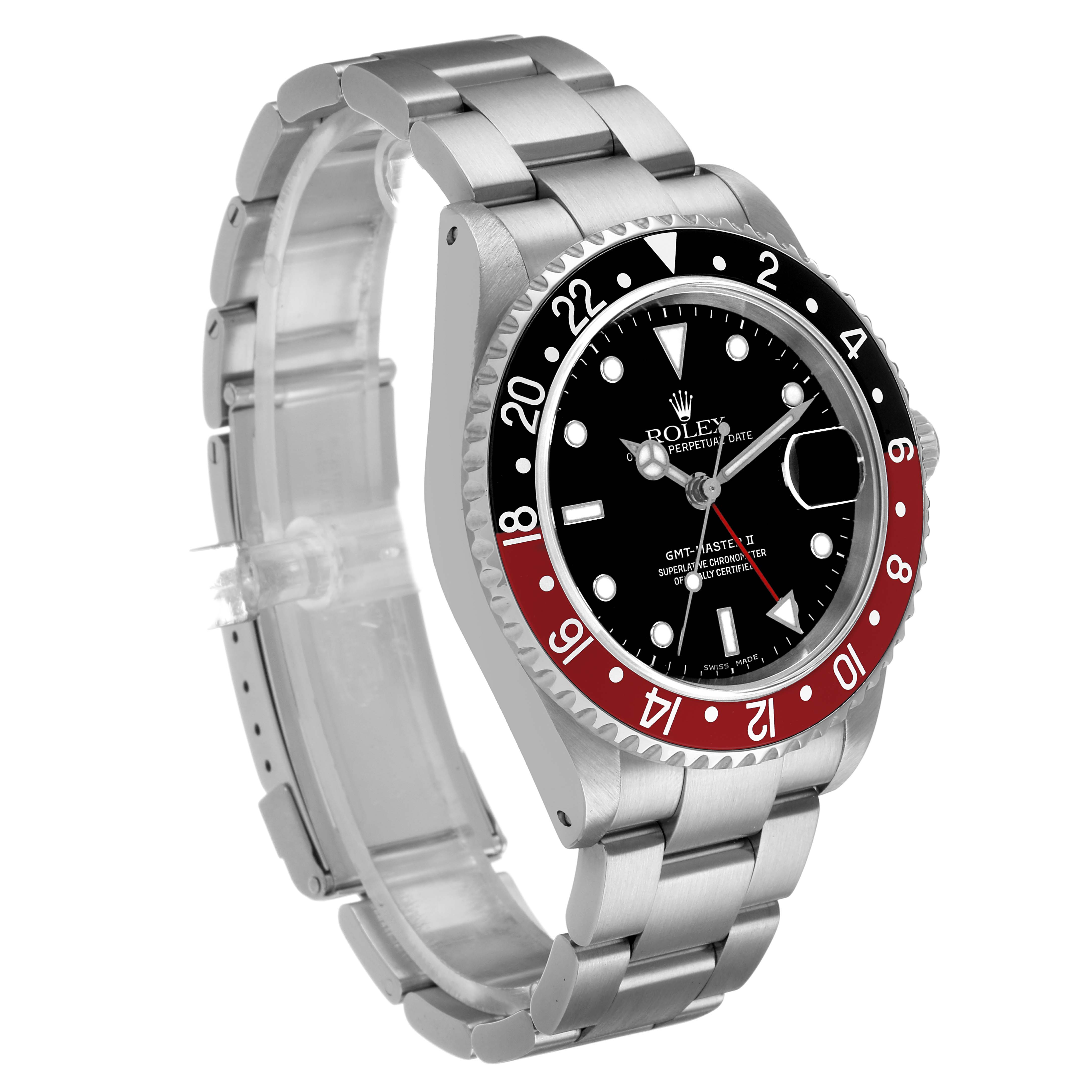 The Rolex GMT-Master 16710 Men's Stainless Steel Black Dial watch is shown at an angle highlighting the bezel, dial, and bracelet.