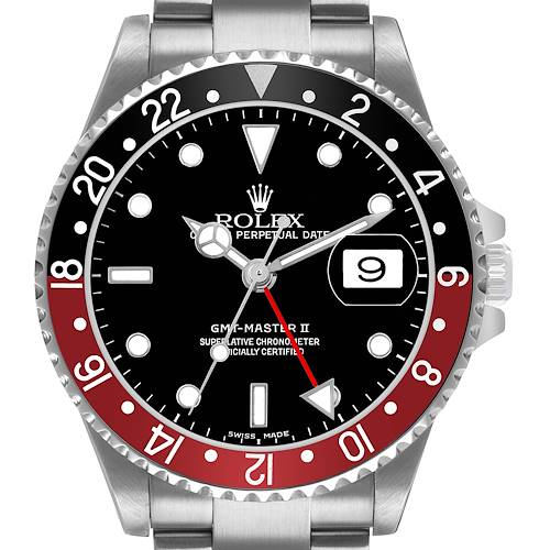 The Rolex GMT-Master 16710 Men's Stainless Steel Black Dial II watch is shown from the front, highlighting the dial, bezel, and part of the bracelet.