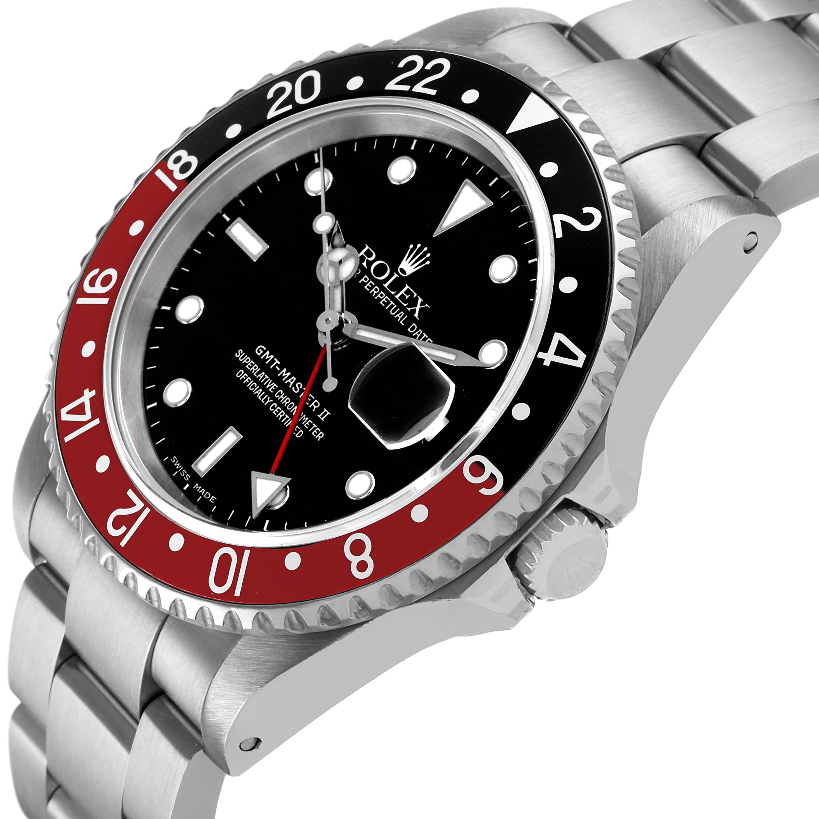 The Rolex GMT-Master 16710 Men's Stainless Steel Black Dial watch is shown at an angle highlighting the bezel, crown, bracelet, and dial.