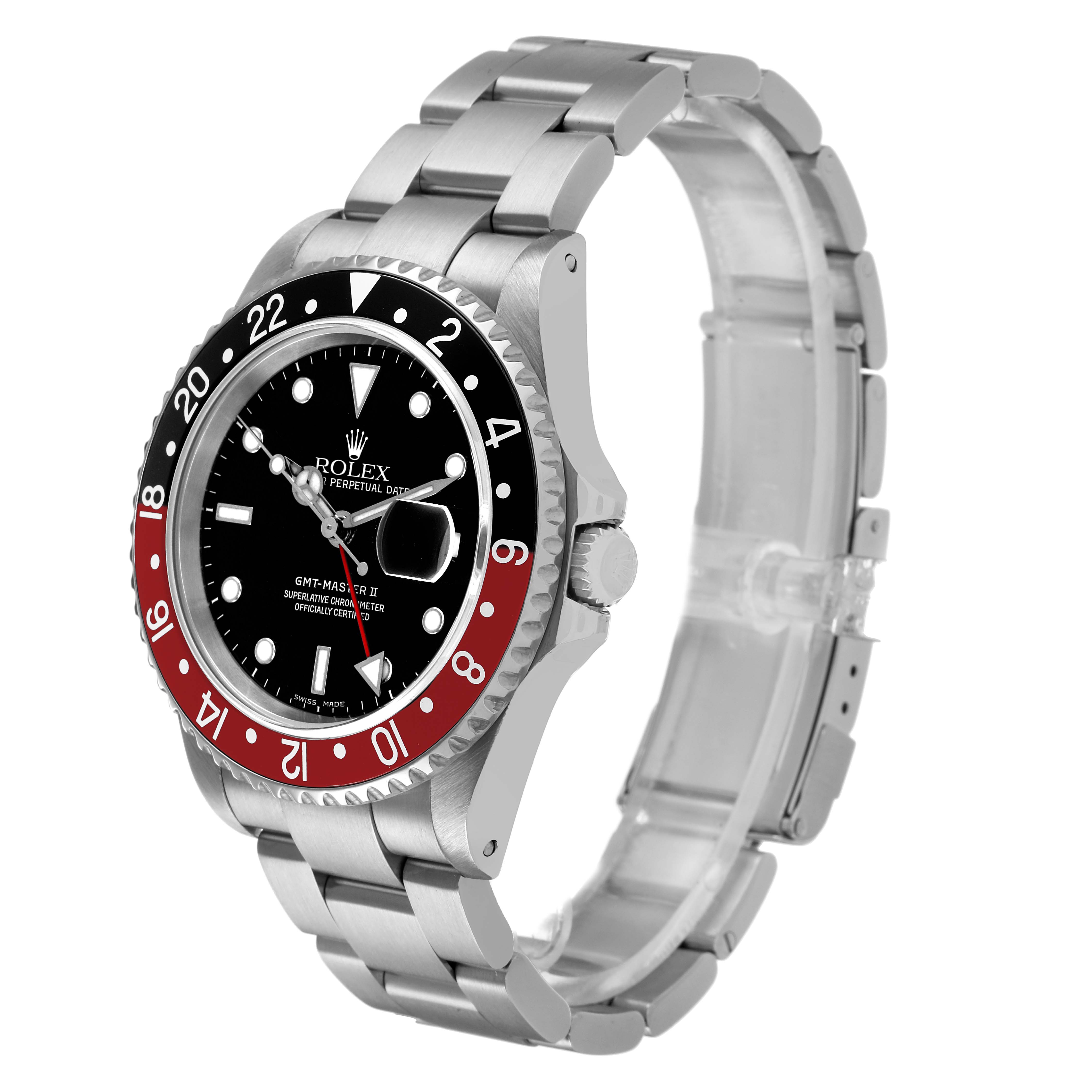 The Rolex GMT-Master 16710 Men's Stainless Steel Black Dial watch is shown at a three-quarter angle, displaying the bezel, dial, crown, and bracelet.