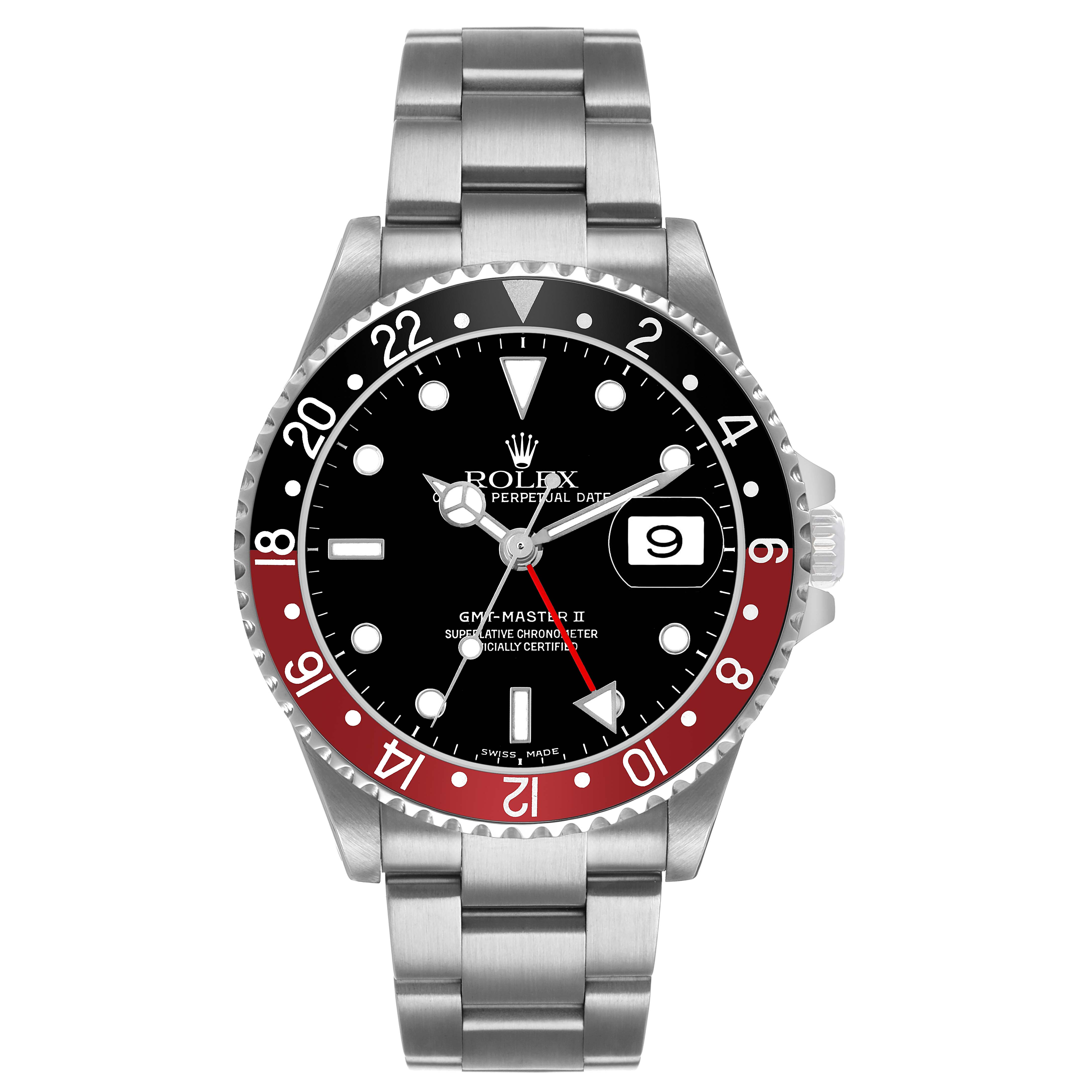 The Rolex GMT-Master 16710 Men's Stainless Steel Black Dial watch is shown from the front, highlighting the bezel, dial, hands, and bracelet.