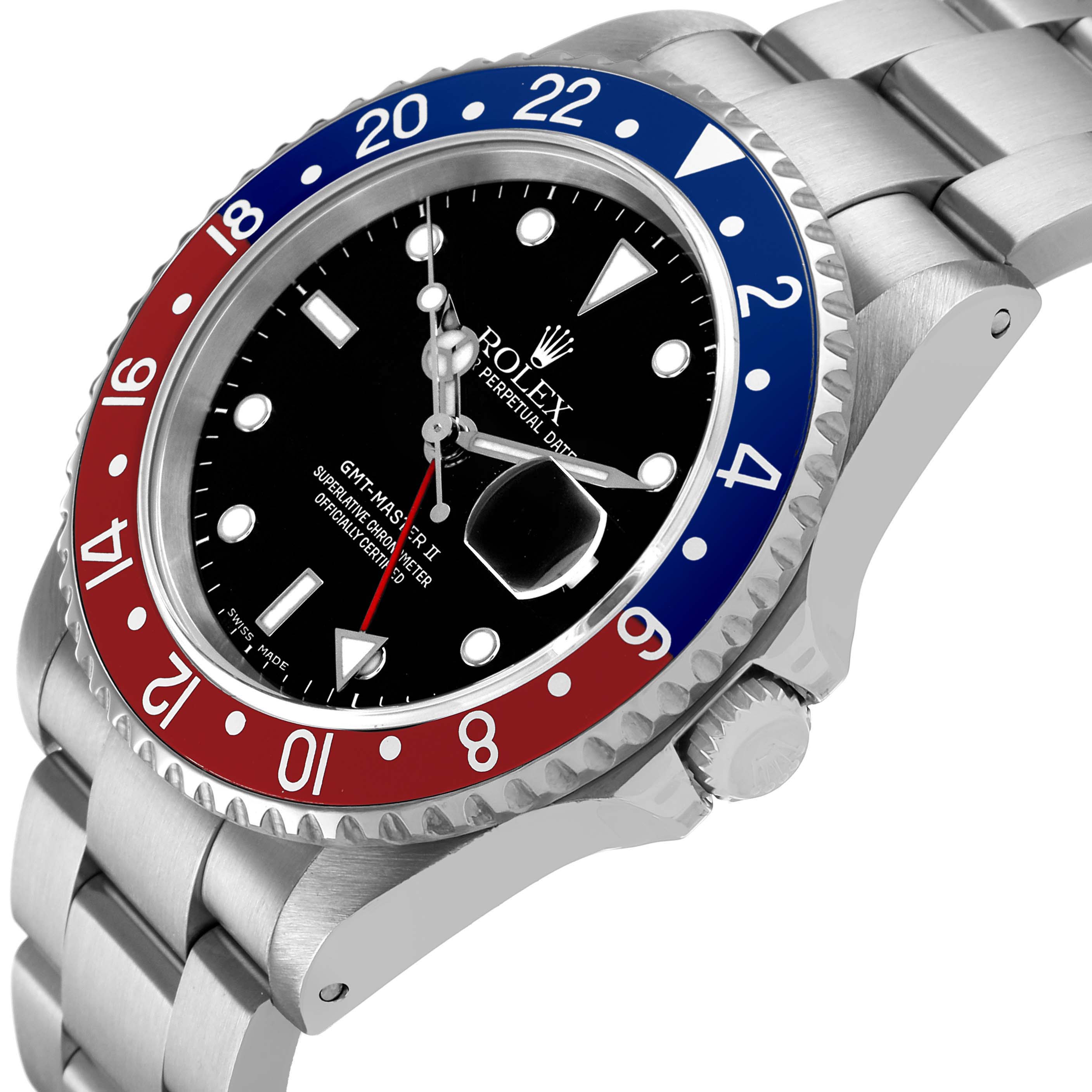 The image shows a Rolex GMT-Master 16710 Men's Stainless Steel Black Dial II watch at an angled side view, highlighting the bezel, crown, dial, and bracelet.