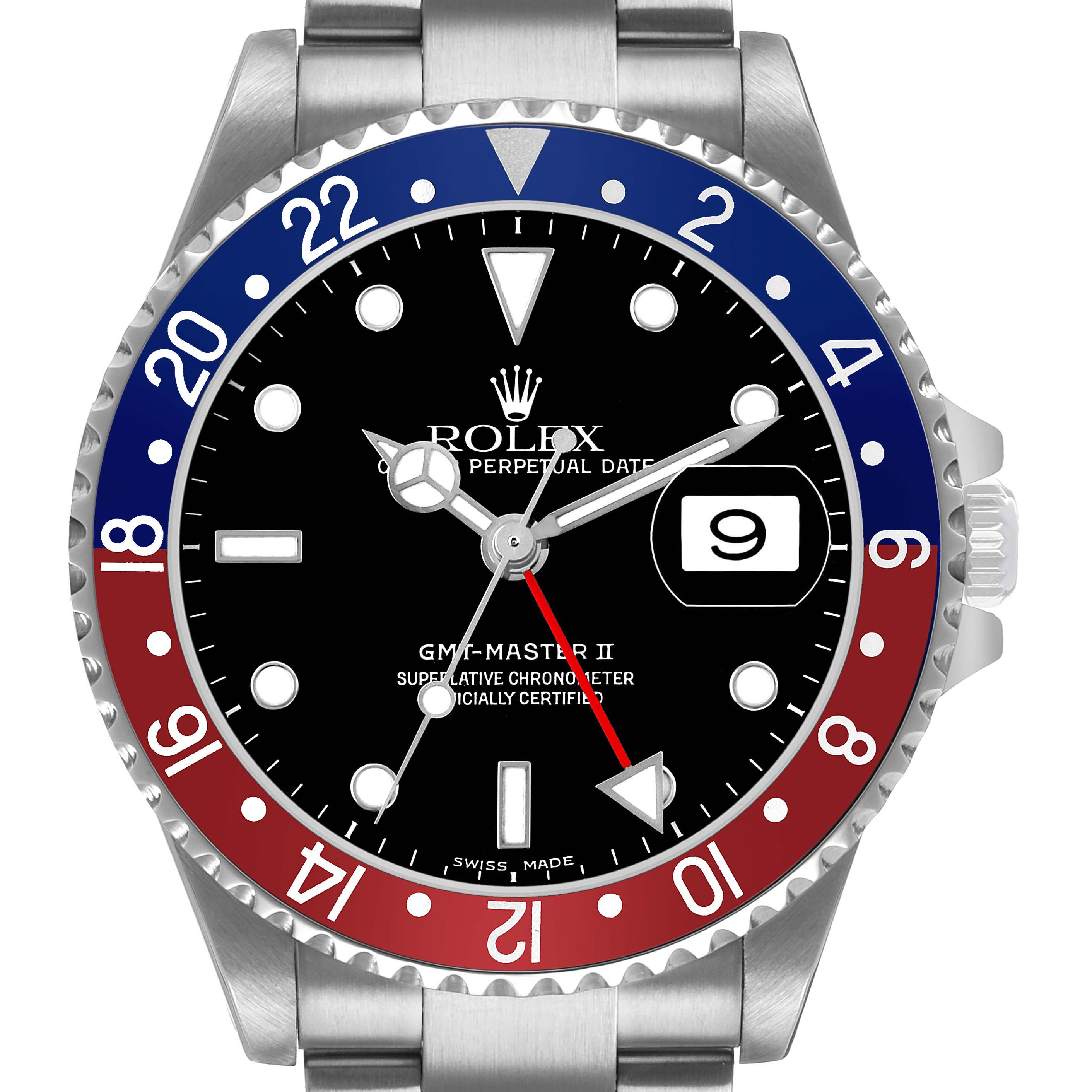 The Rolex GMT-Master 16710 Men's Stainless Steel Black Dial II watch is shown from the front, highlighting its bezel, dial, hands, date display, and crown.