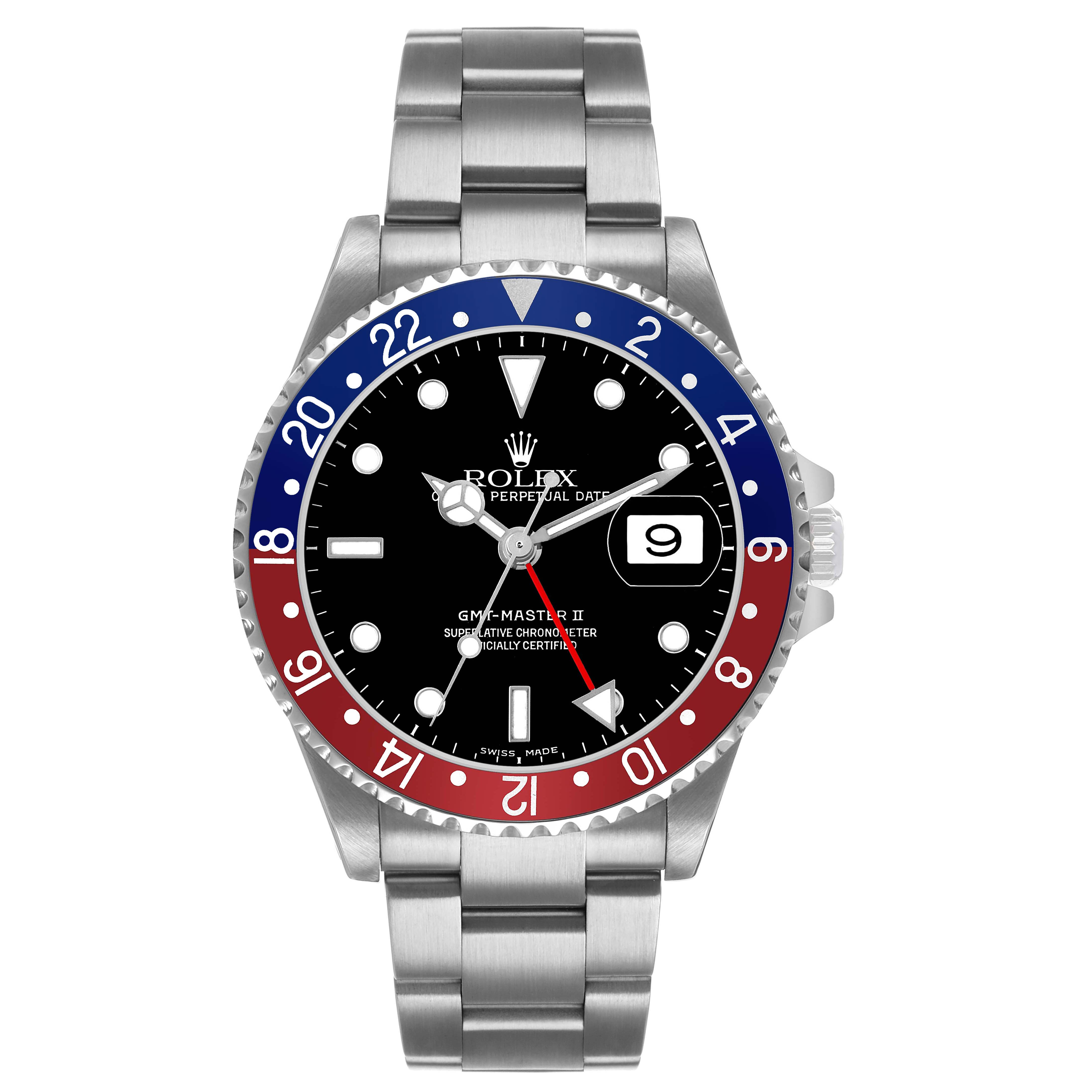 The Rolex GMT-Master 16710 Men's Stainless Steel Black Dial watch is shown from the front, displaying the dial, bezel, and stainless steel bracelet.