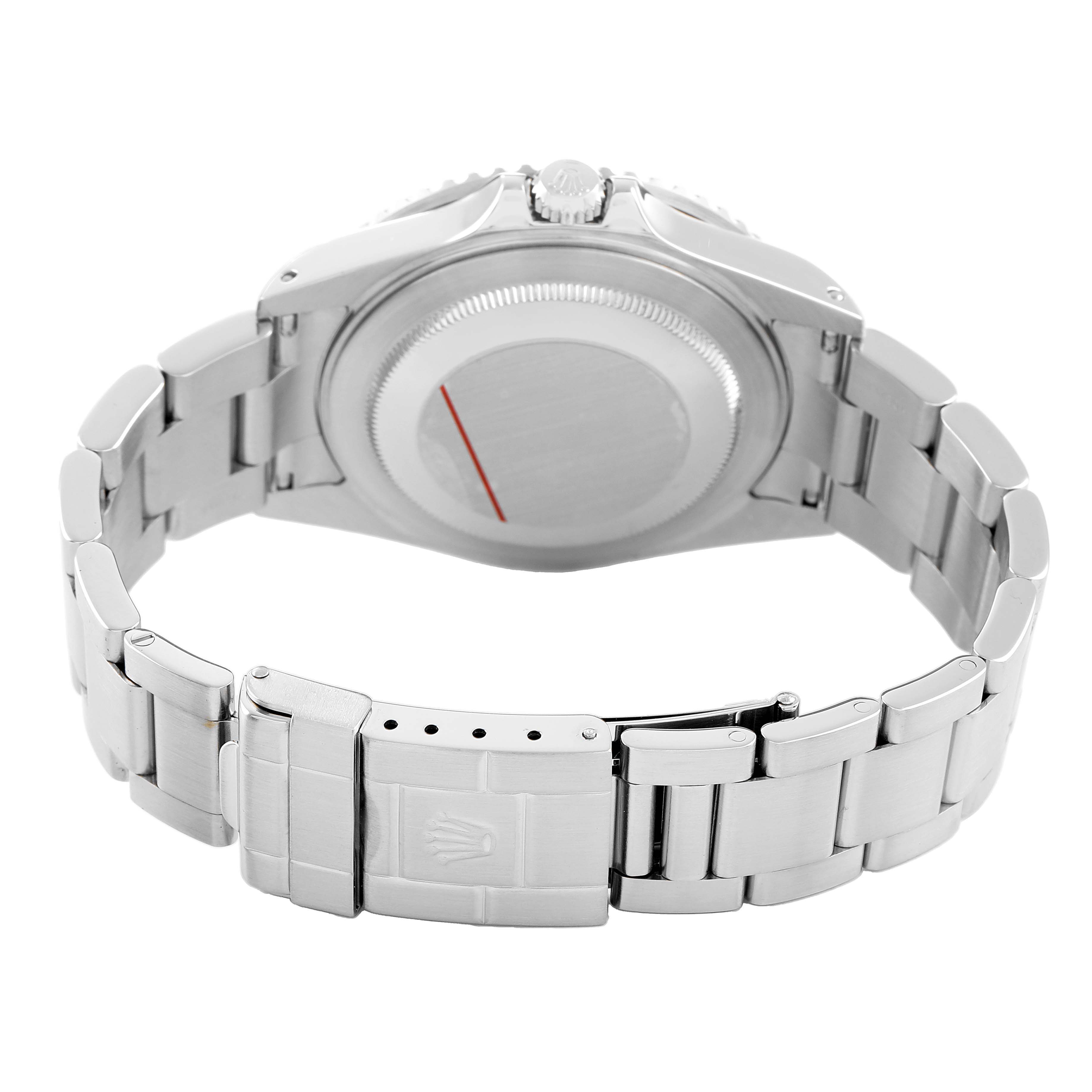 The image shows the back of a Rolex GMT-Master 16710 Men's Stainless Steel Black Dial watch, highlighting the case back and metal bracelet.