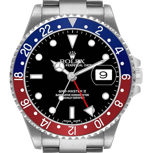 The Rolex GMT-Master 16710 Men's Stainless Steel Black Dial watch is shown from the front, highlighting the bezel, dial, hands, and date window.