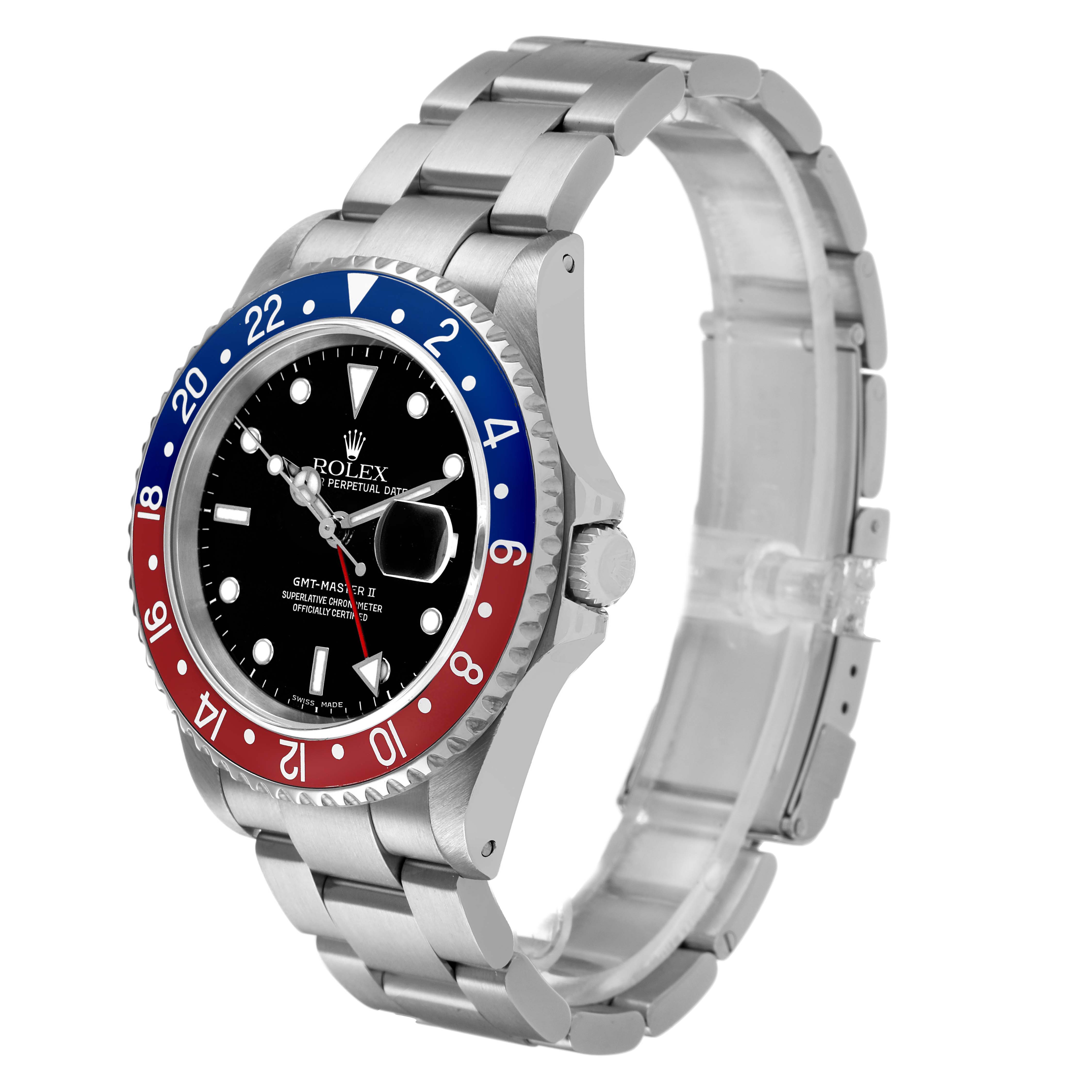 The Rolex GMT-Master 16710 Men's Stainless Steel Black Dial watch is shown at an angle highlighting the dial, bezel, and bracelet.