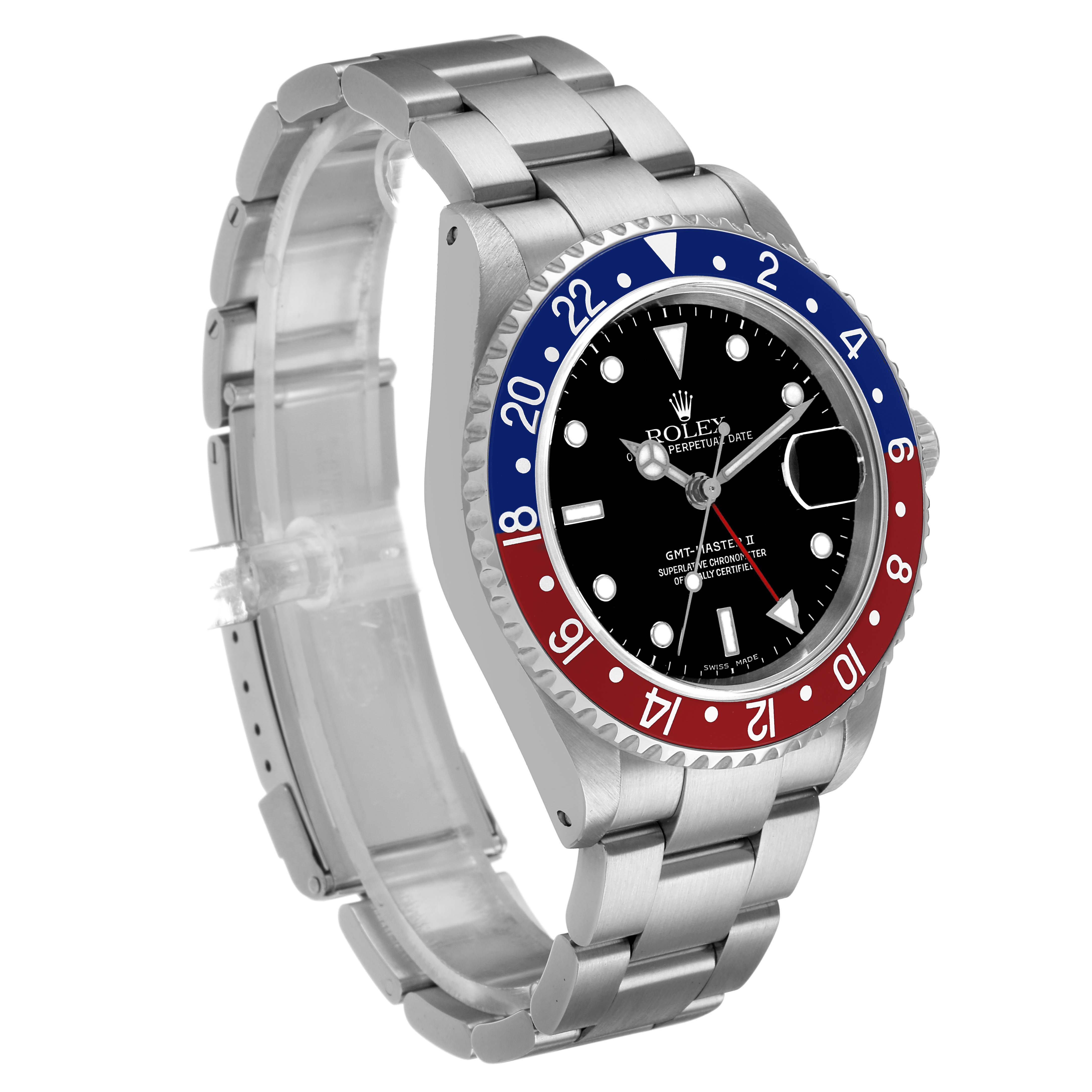 The Rolex GMT-Master 16710 Men's Stainless Steel Black Dial watch is shown at a three-quarter angle, displaying the bezel, face, and partial bracelet.