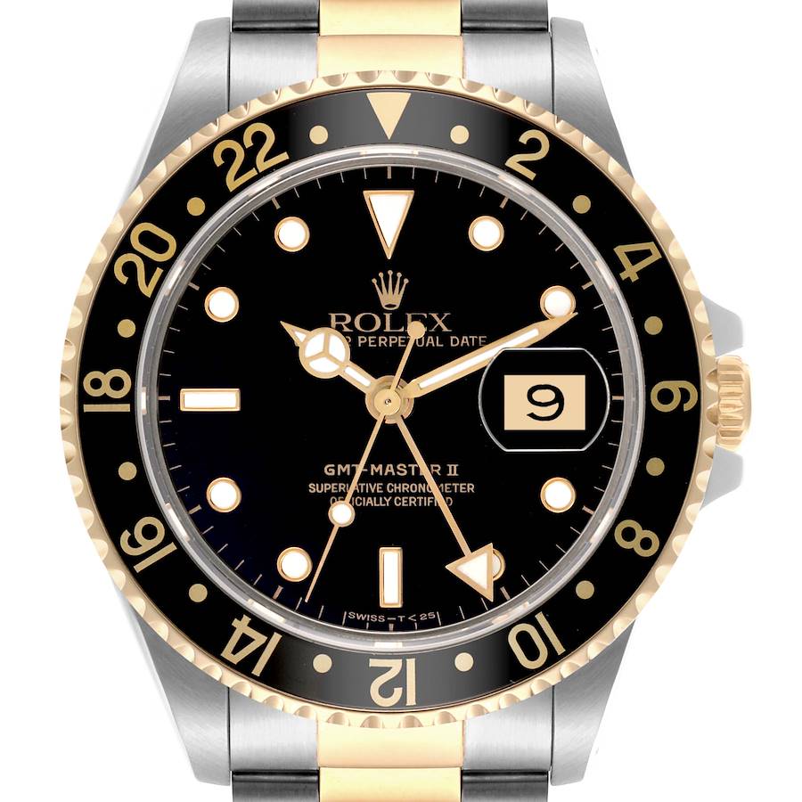 The Rolex GMT-Master II watch is shown from the front, highlighting its black dial, bezel, and two-tone metal bracelet.