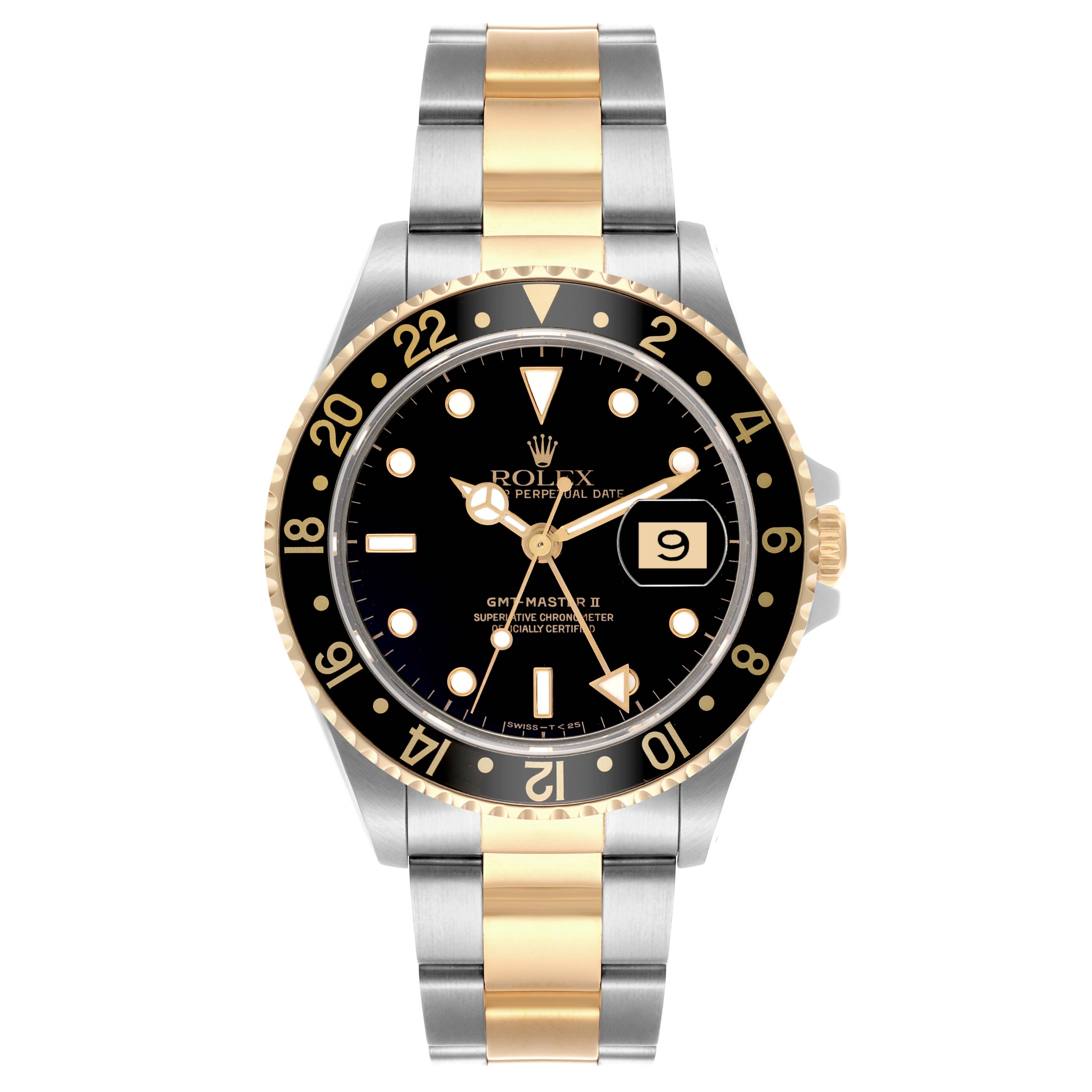 The Rolex GMT-Master 16713 Men's Steel and Gold (two tone) Black Dial 16713 Men's Steel and Gold (two tone) Black Dial model is shown from a front angle, highlighting the dial, bezel, and two-tone bracelet.