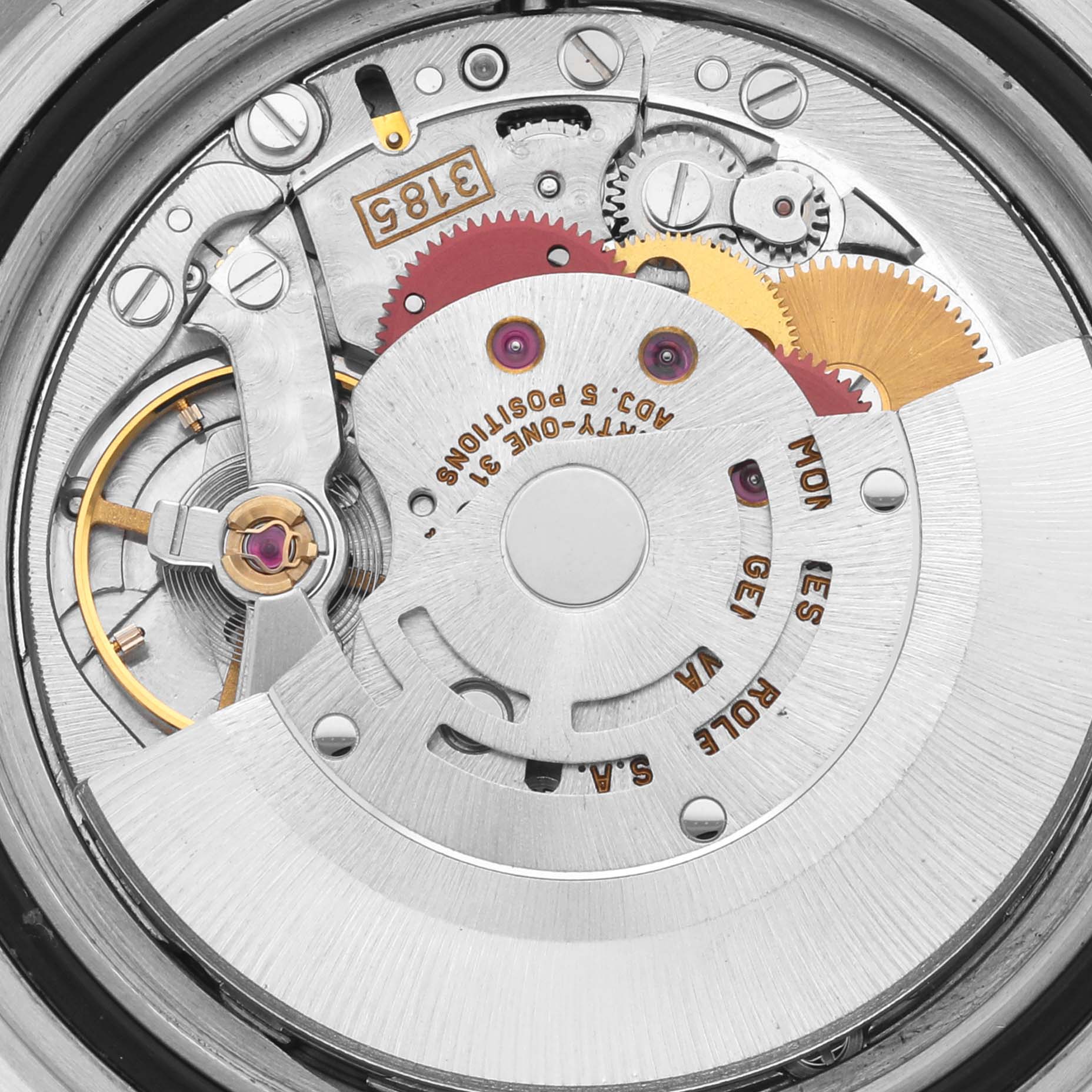 This image shows the movement mechanism of the Rolex GMT-Master 16713 Men's Steel and Gold (two tone) Black Dial 16713 Men's Steel and Gold (two tone) Black Dial, highlighting gears and the rotor at a close-up angle.