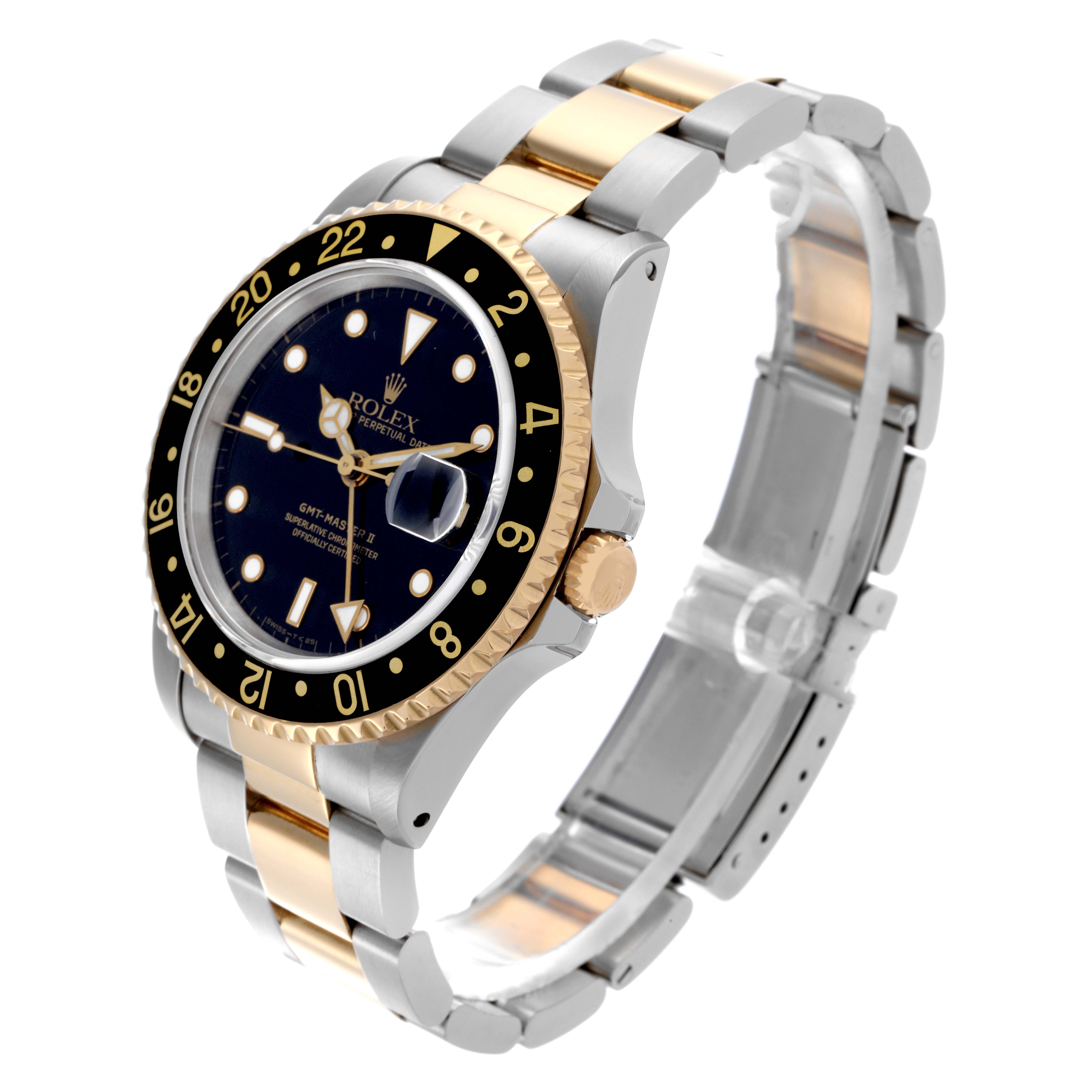 The image shows a Rolex GMT-Master 16713 Men's Steel and Gold (two tone) Black Dial 16713 Men's Steel and Gold (two tone) Black Dial watch at a three-quarter angle, highlighting the bezel, crown, and bracelet.