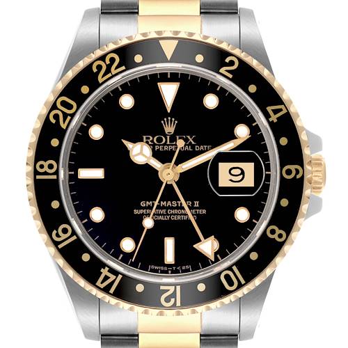 The image shows a front view of a Rolex GMT-Master II watch, highlighting the bezel, dial, hands, and crown.