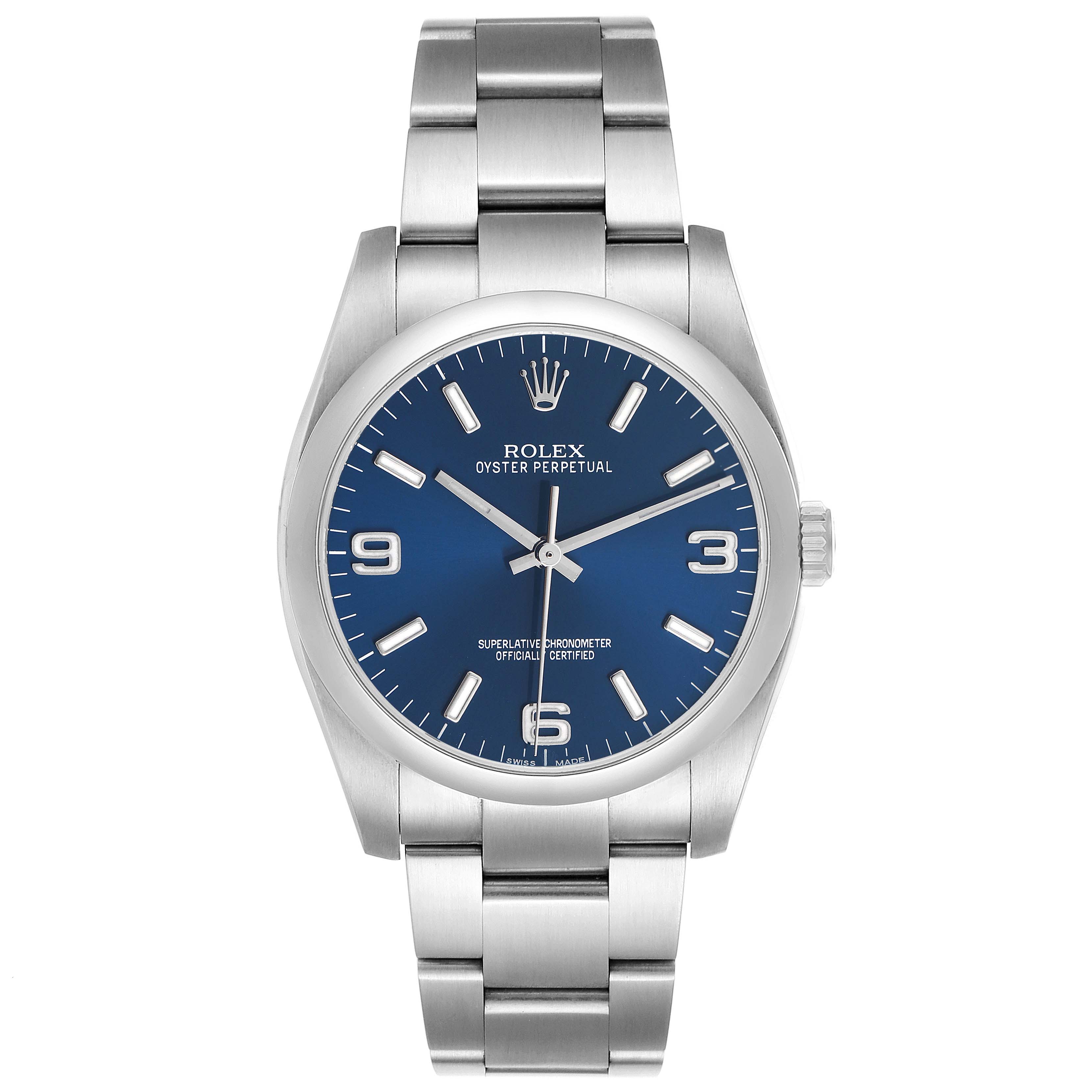 The Rolex Oyster Perpetual 116000 Men's Stainless Steel Blue Dial is shown from a frontal angle, displaying the watch face, bezel, case, and bracelet links.