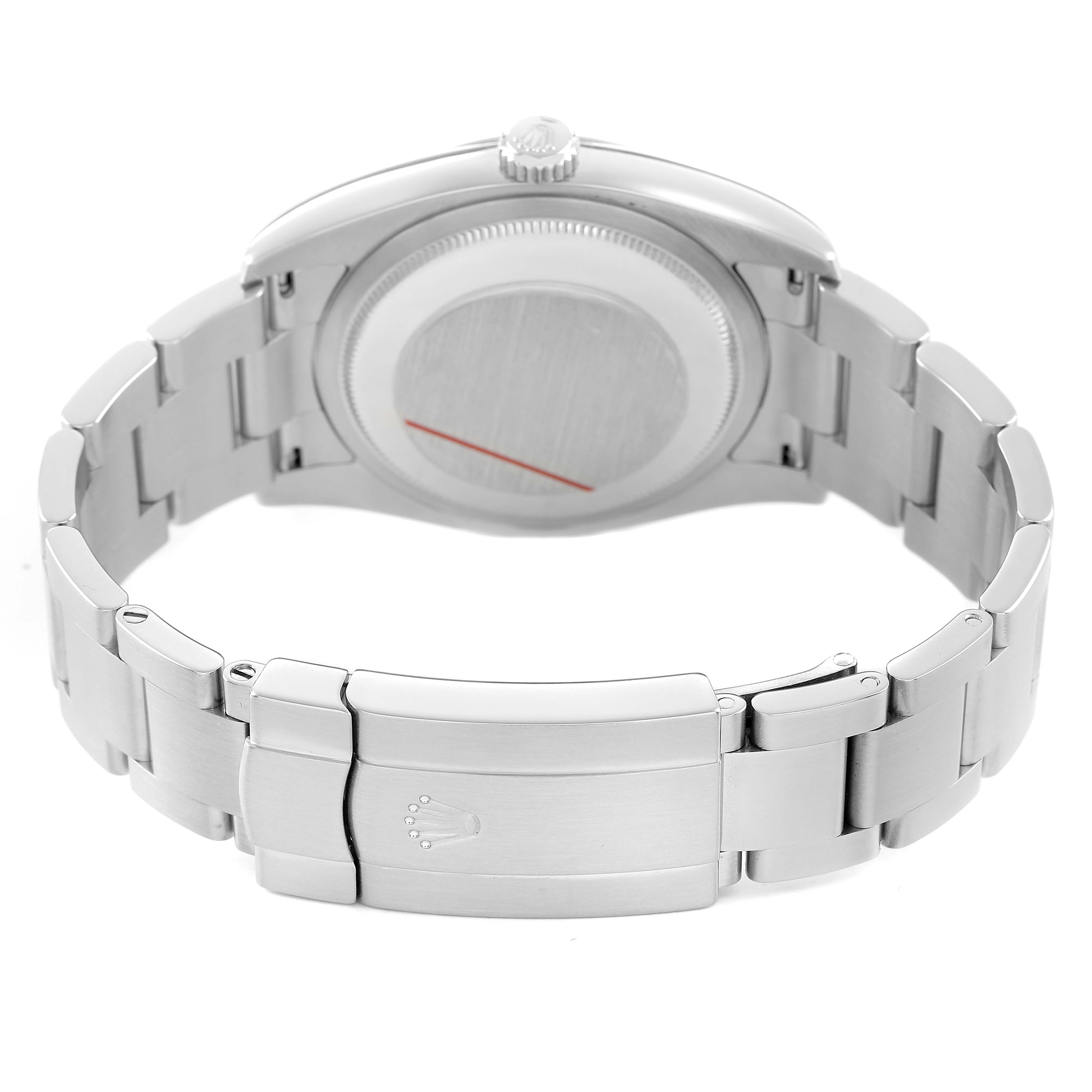 The image shows the back of a Rolex Oyster Perpetual 116000 Men's Stainless Steel Blue Dial watch, highlighting the case back and bracelet clasp.