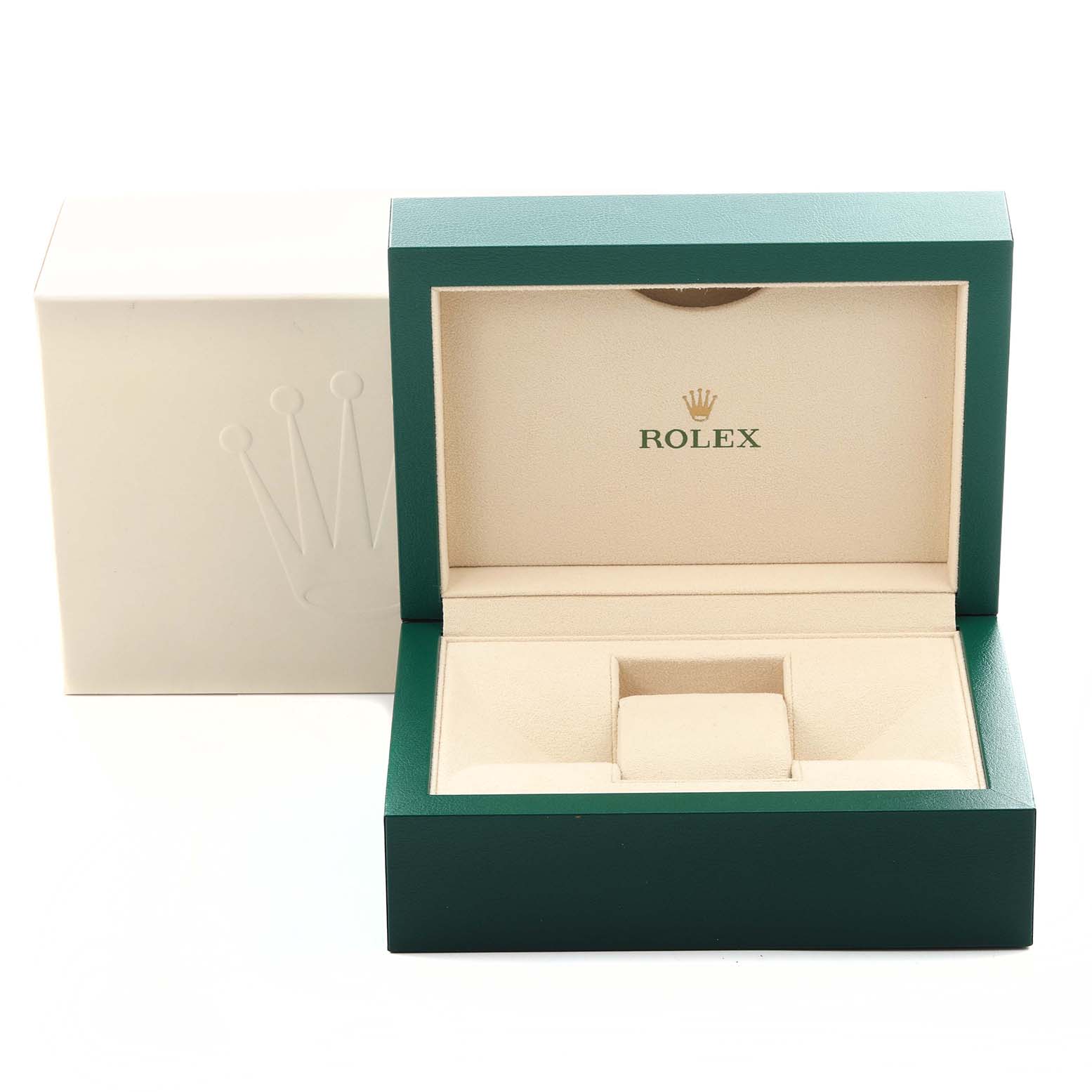 The image shows an open Rolex Oyster Perpetual 114300 Men's Stainless Steel Grey Dial 114300 Men's Stainless Steel Grey Dial watch box, highlighting its interior and the logo.