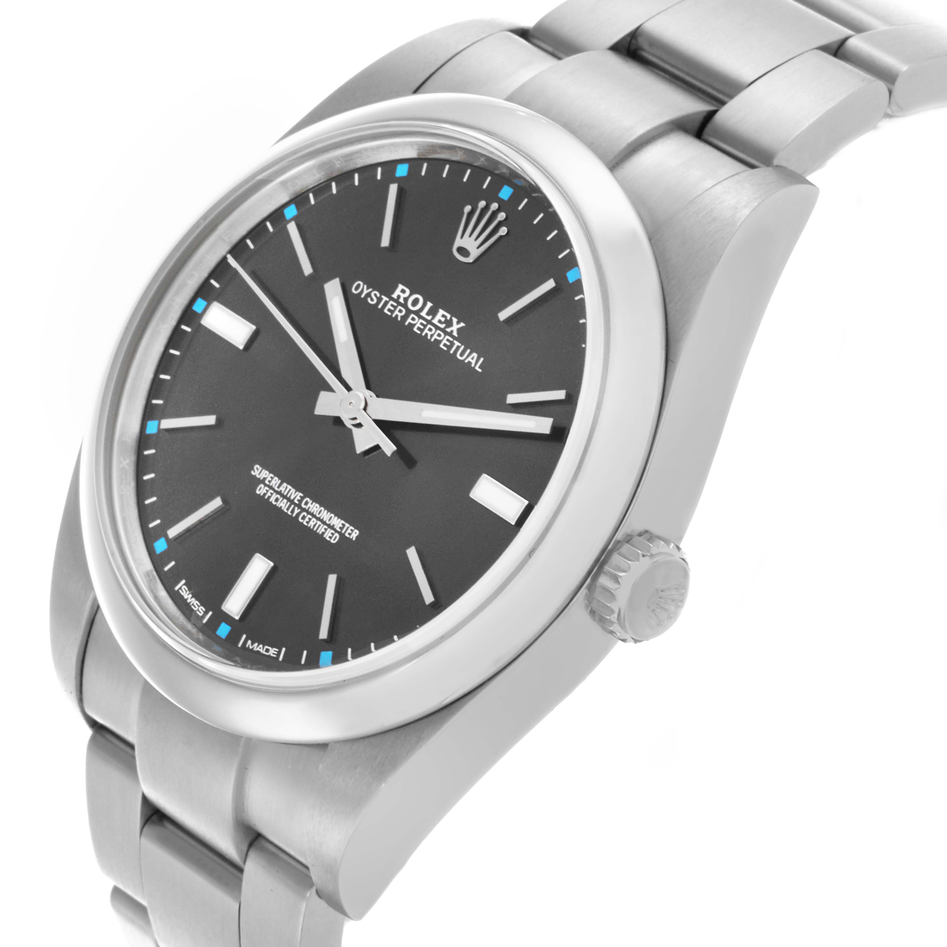 The Rolex Oyster Perpetual 114300 Men's Stainless Steel Grey Dial 114300 Men's Stainless Steel Grey Dial watch is shown at an angled view, highlighting the dial, case, crown, and part of the bracelet.