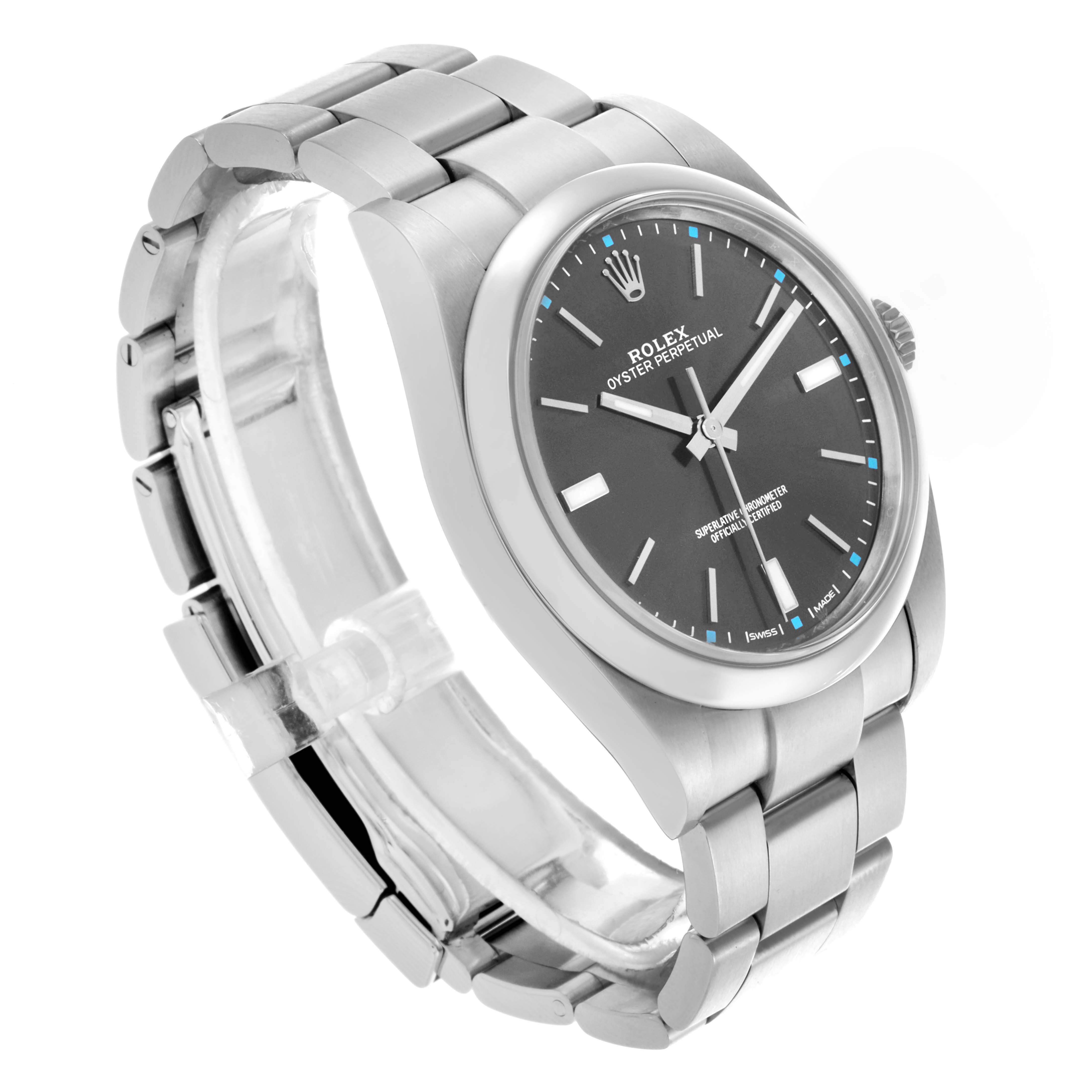 The Rolex Oyster Perpetual 114300 Men's Stainless Steel Grey Dial 114300 Men's Stainless Steel Grey Dial watch is shown at a three-quarter angle, displaying the bracelet, dial, and bezel.