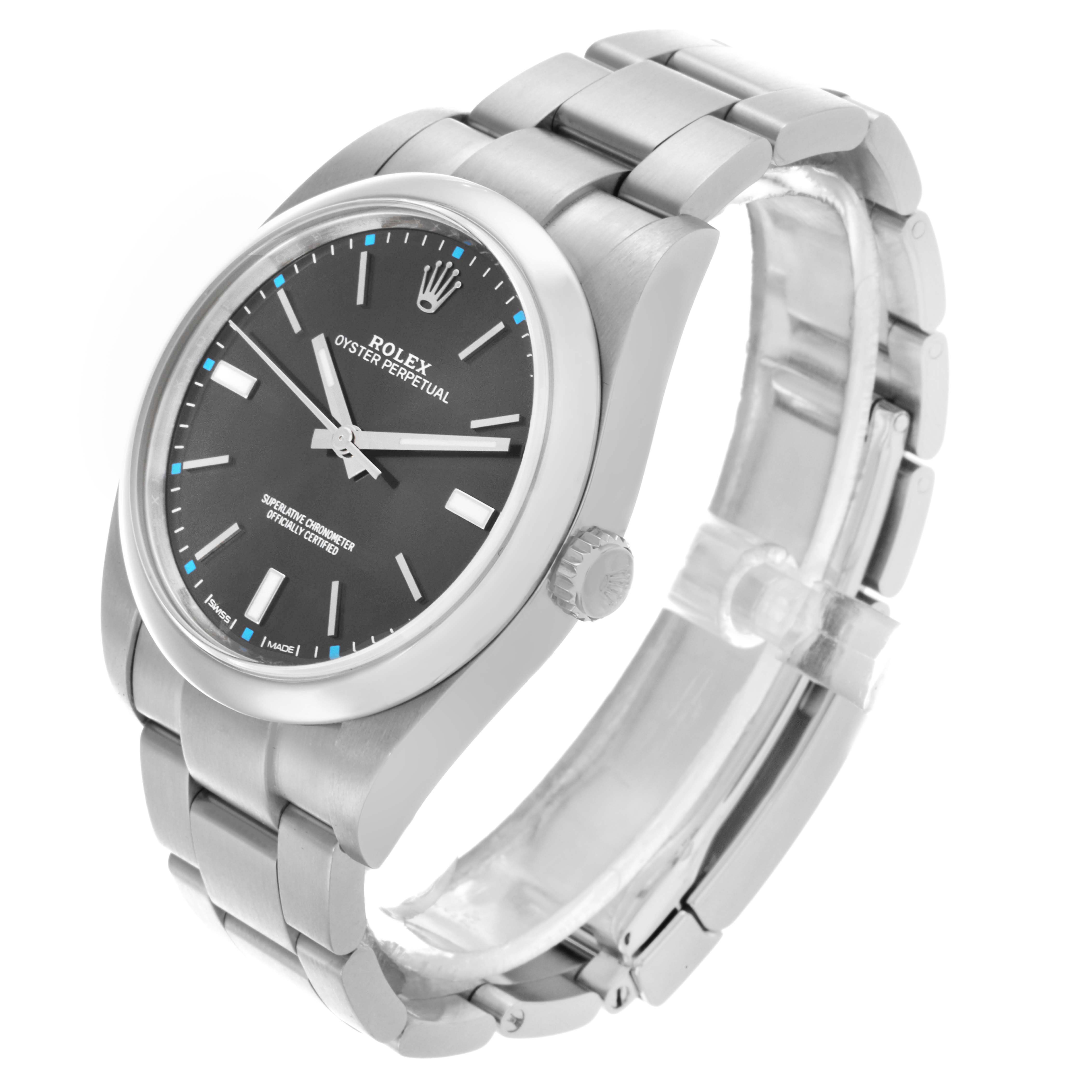 The Rolex Oyster Perpetual 114300 Men's Stainless Steel Grey Dial 114300 Men's Stainless Steel Grey Dial watch is shown at a three-quarter angle, featuring its case, bracelet, and crown.