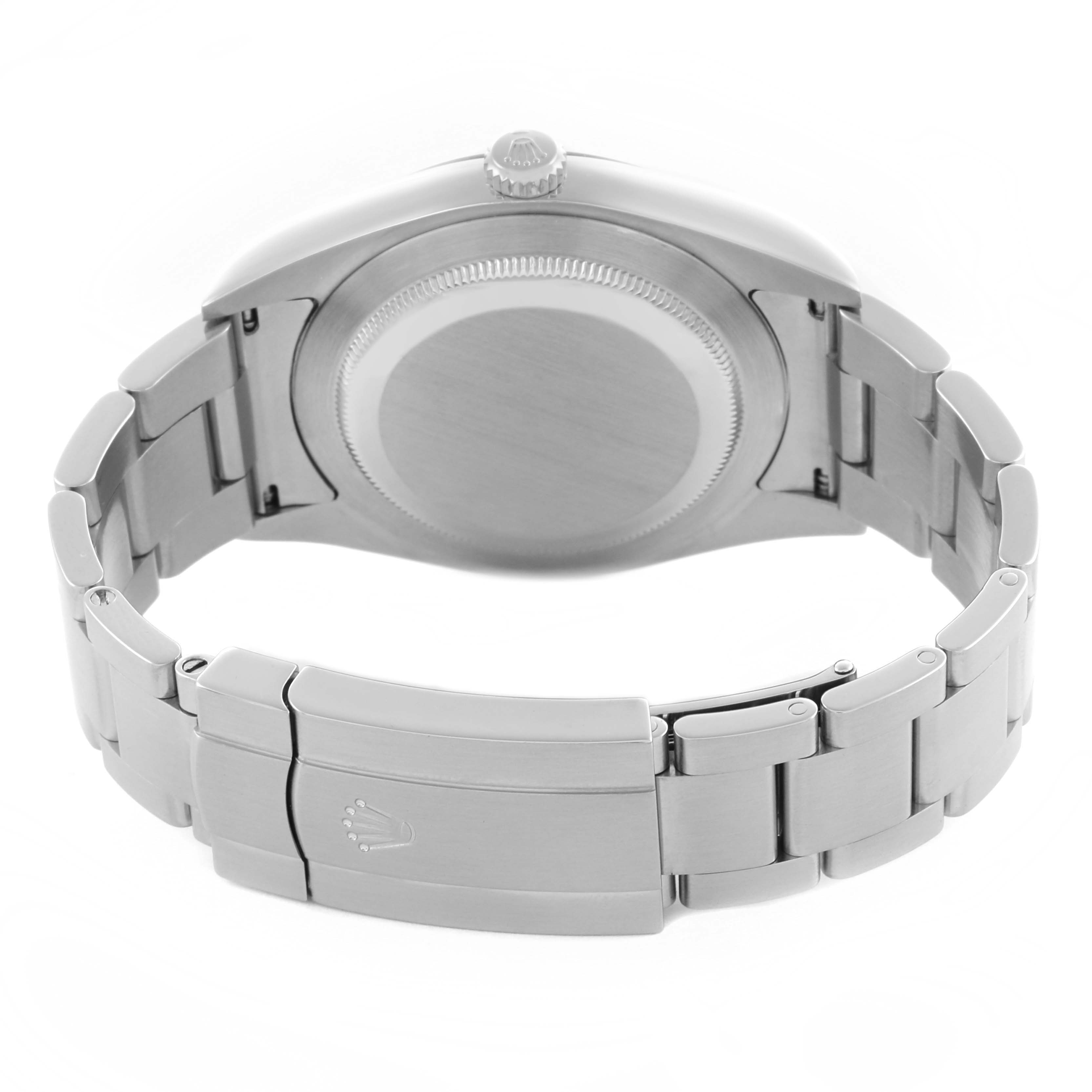 The image shows the back view of a Rolex Oyster Perpetual 114300 Men's Stainless Steel Grey Dial 114300 Men's Stainless Steel Grey Dial, highlighting the case back, bracelet, and clasp.