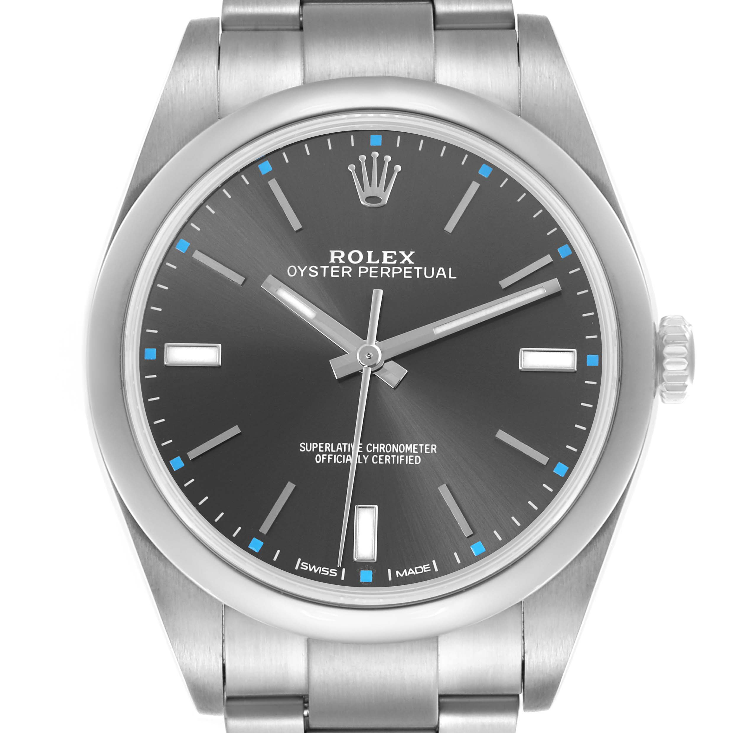 The Rolex Oyster Perpetual 114300 Men's Stainless Steel Grey Dial 114300 Men's Stainless Steel Grey Dial watch is shown from a front angle, displaying the dial, bezel, and part of the bracelet.