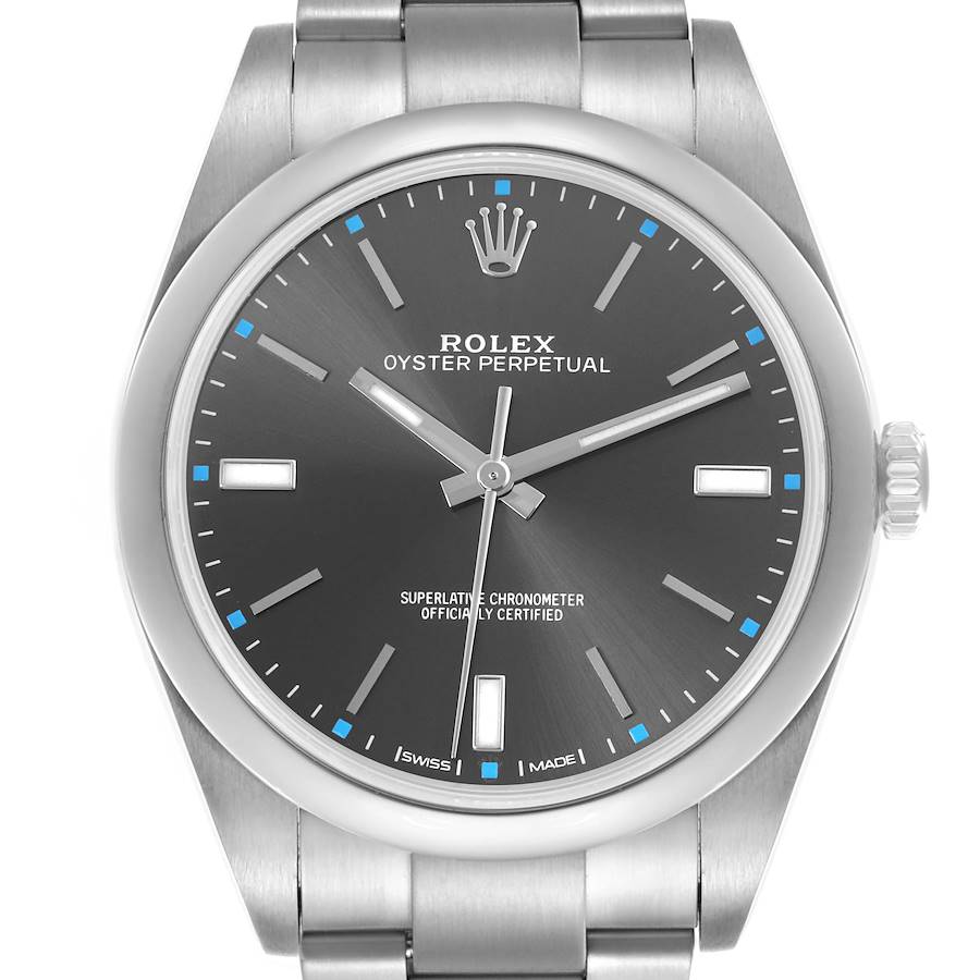 The Rolex Oyster Perpetual watch is shown from a front angle, displaying the dial, bezel, and part of the bracelet.