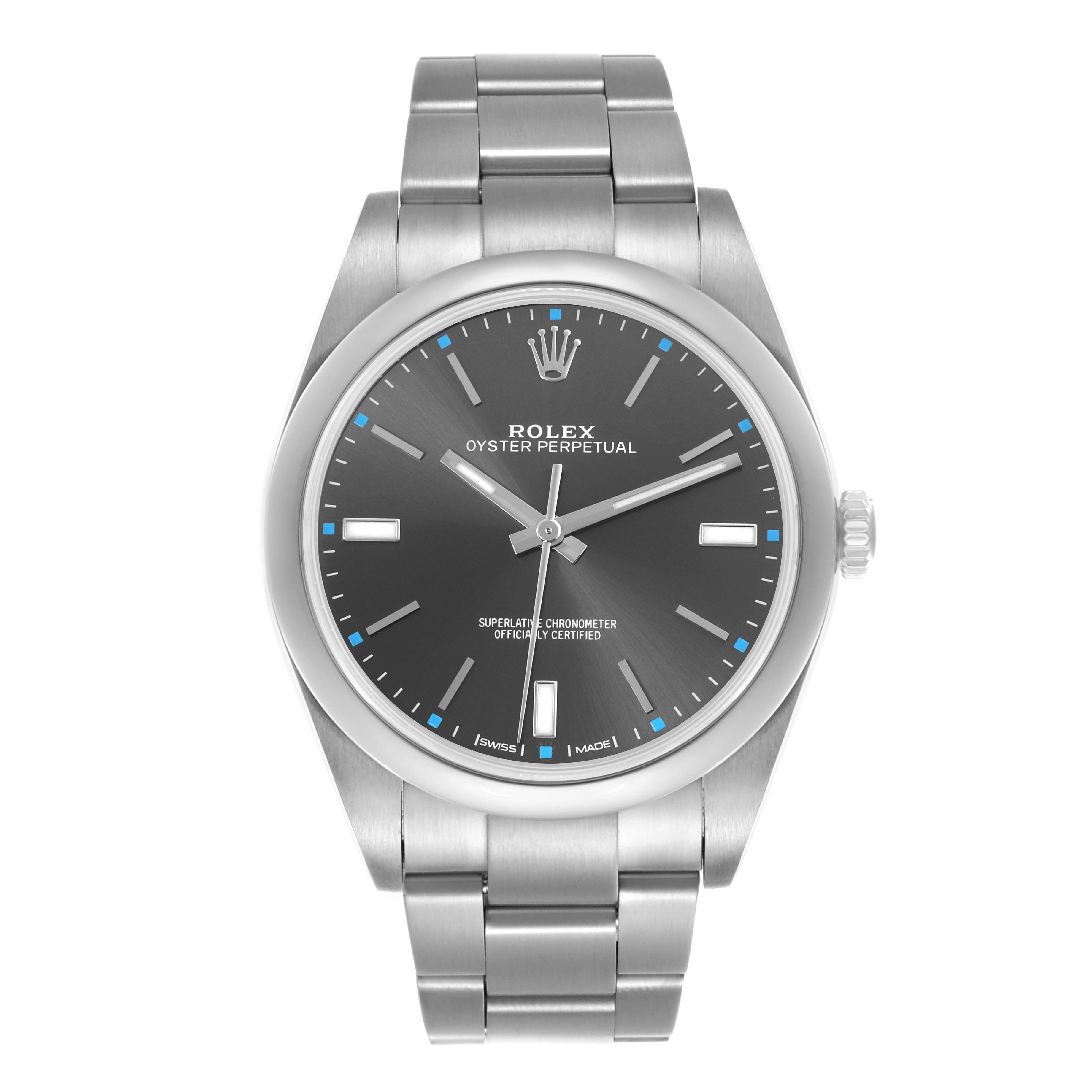 The Rolex Oyster Perpetual 114300 Men's Stainless Steel Grey Dial 114300 Men's Stainless Steel Grey Dial watch is shown from a front angle, displaying the dial, bracelet, and crown.