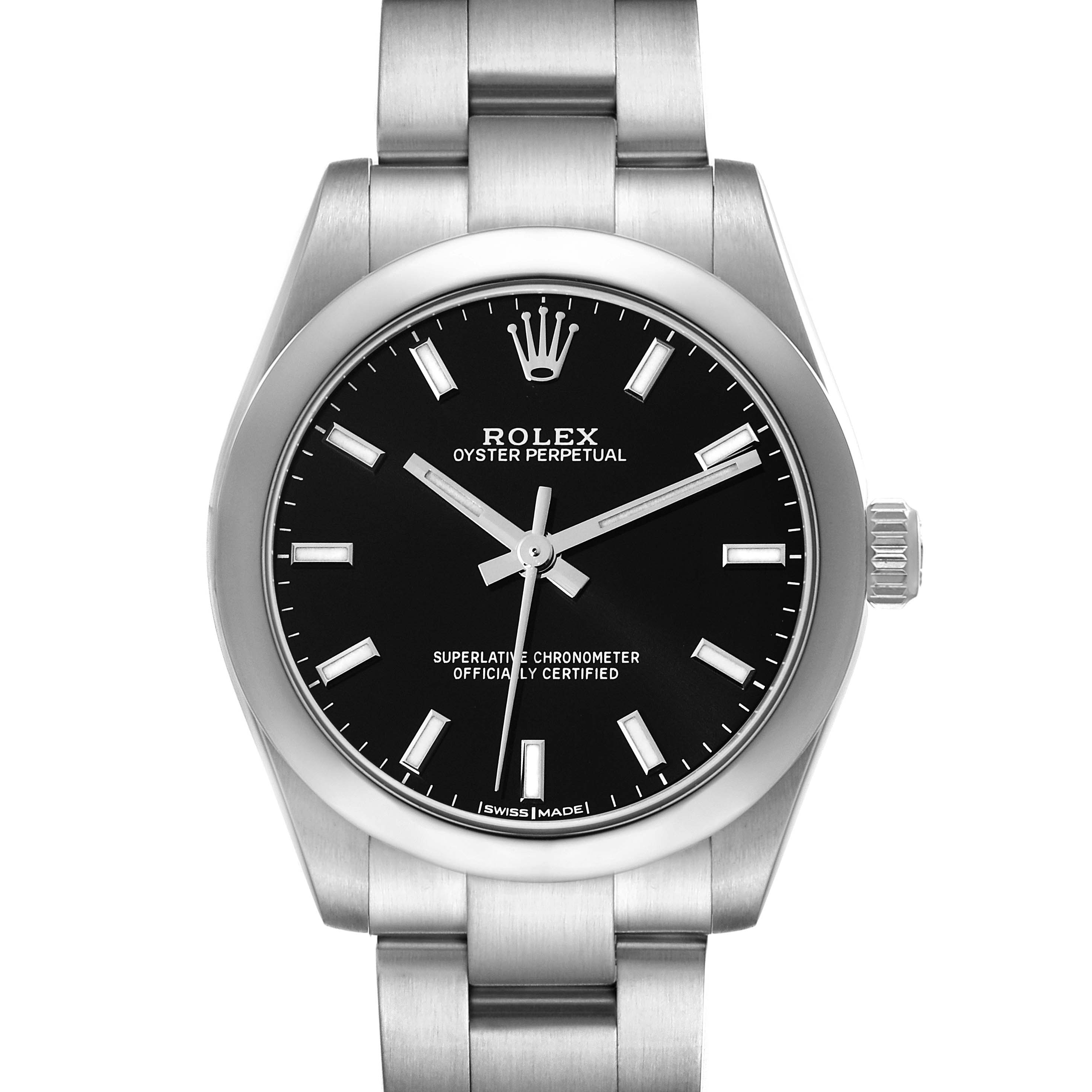 The image shows a front view of the Rolex Oyster Perpetual Mid-Size watch, highlighting its black dial and silver bracelet.