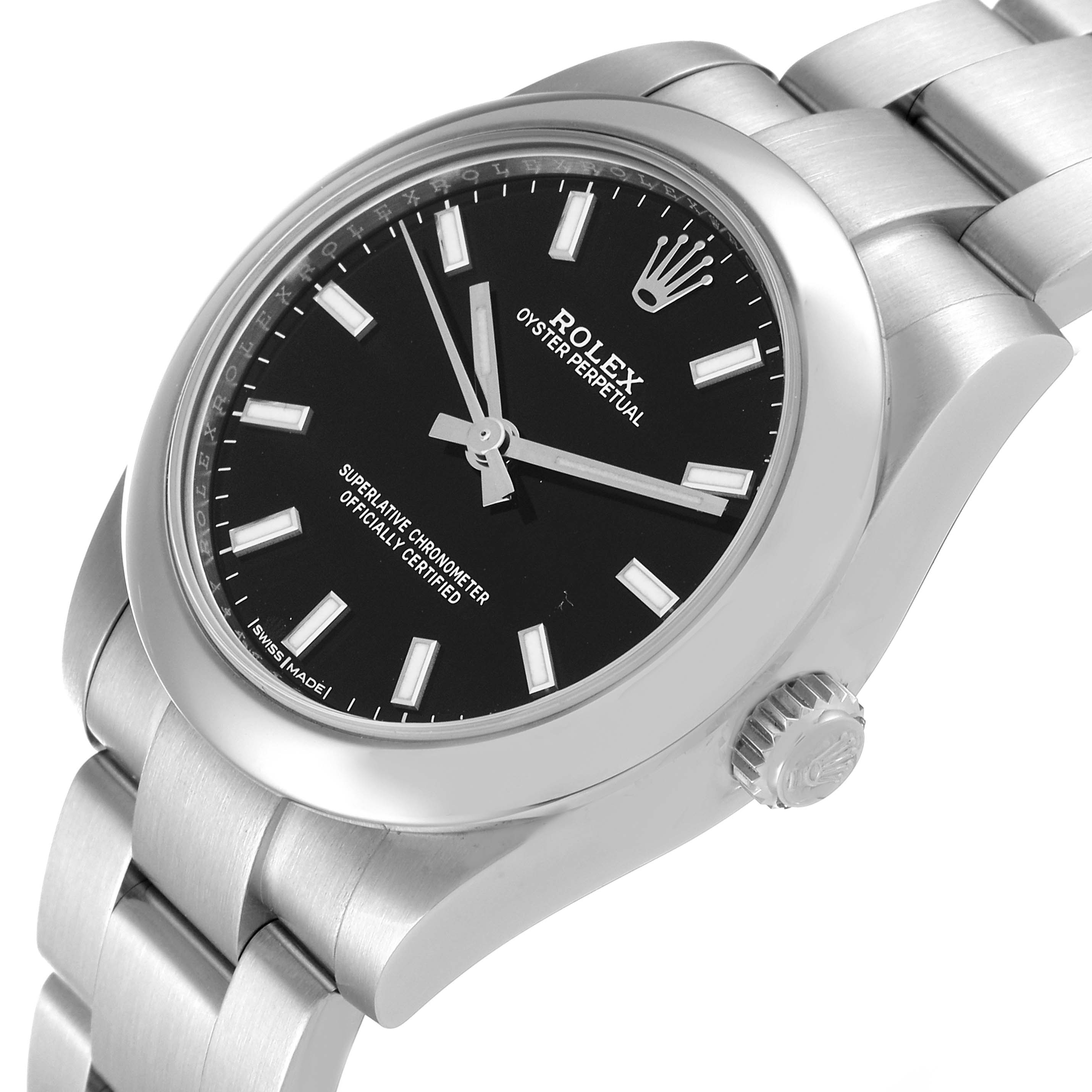 The image shows a Mid-Size Rolex watch from an oblique angle, highlighting its black dial, crown, and stainless steel bracelet.