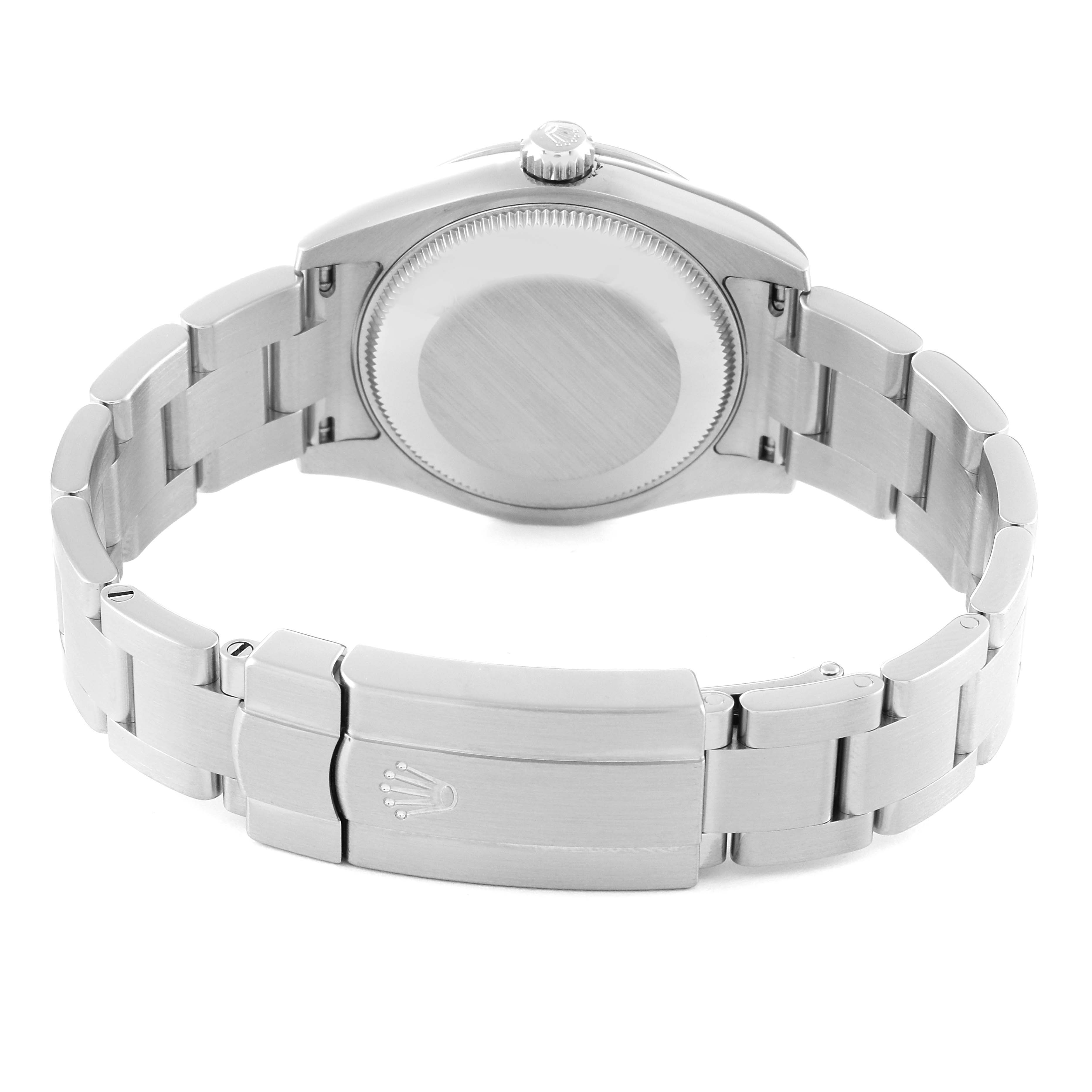 The image shows the back case and bracelet clasp of a Mid-Size Rolex watch from a rear angle.