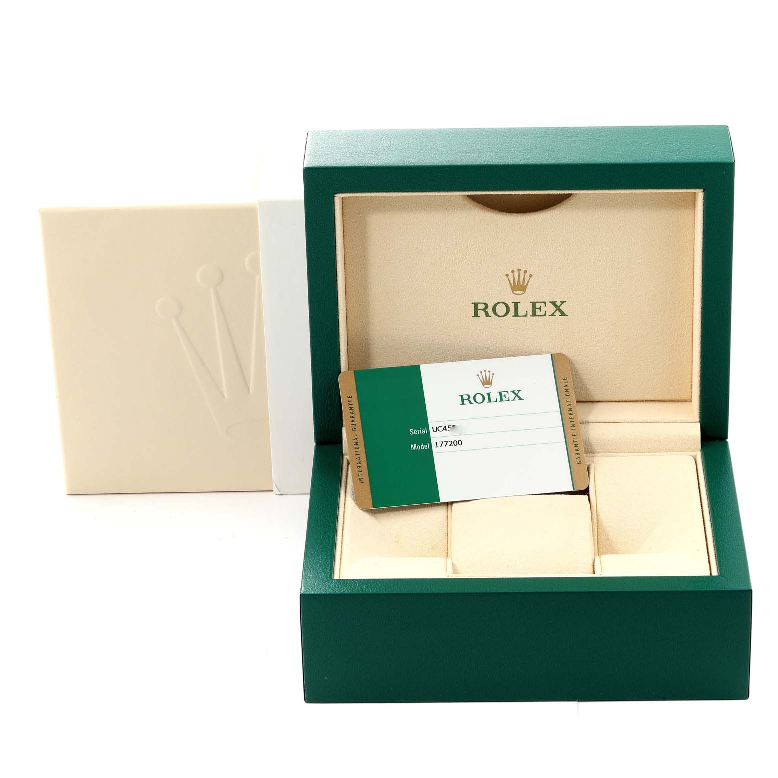 This image shows the open box and Best Quality
ity card of a Mid-Size Rolex watch from a front angle.
