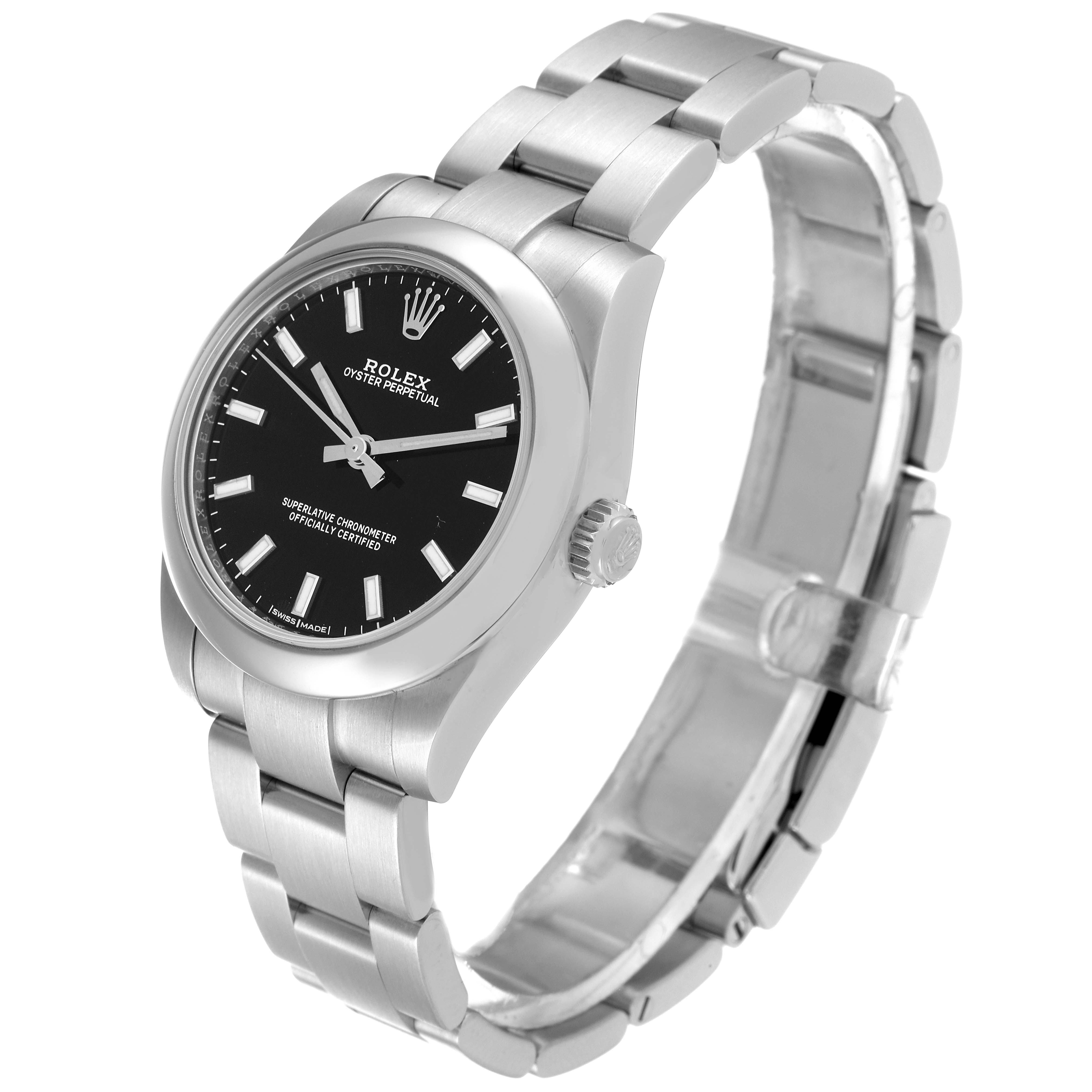 The watch is a Rolex Mid-Size 177200 Women
s Stainless Steel Black Dial 177200 Women
s Stainless Steel Black Dial model shown at a three-quarter angle displaying the face, crown, and stainless steel bracelet.