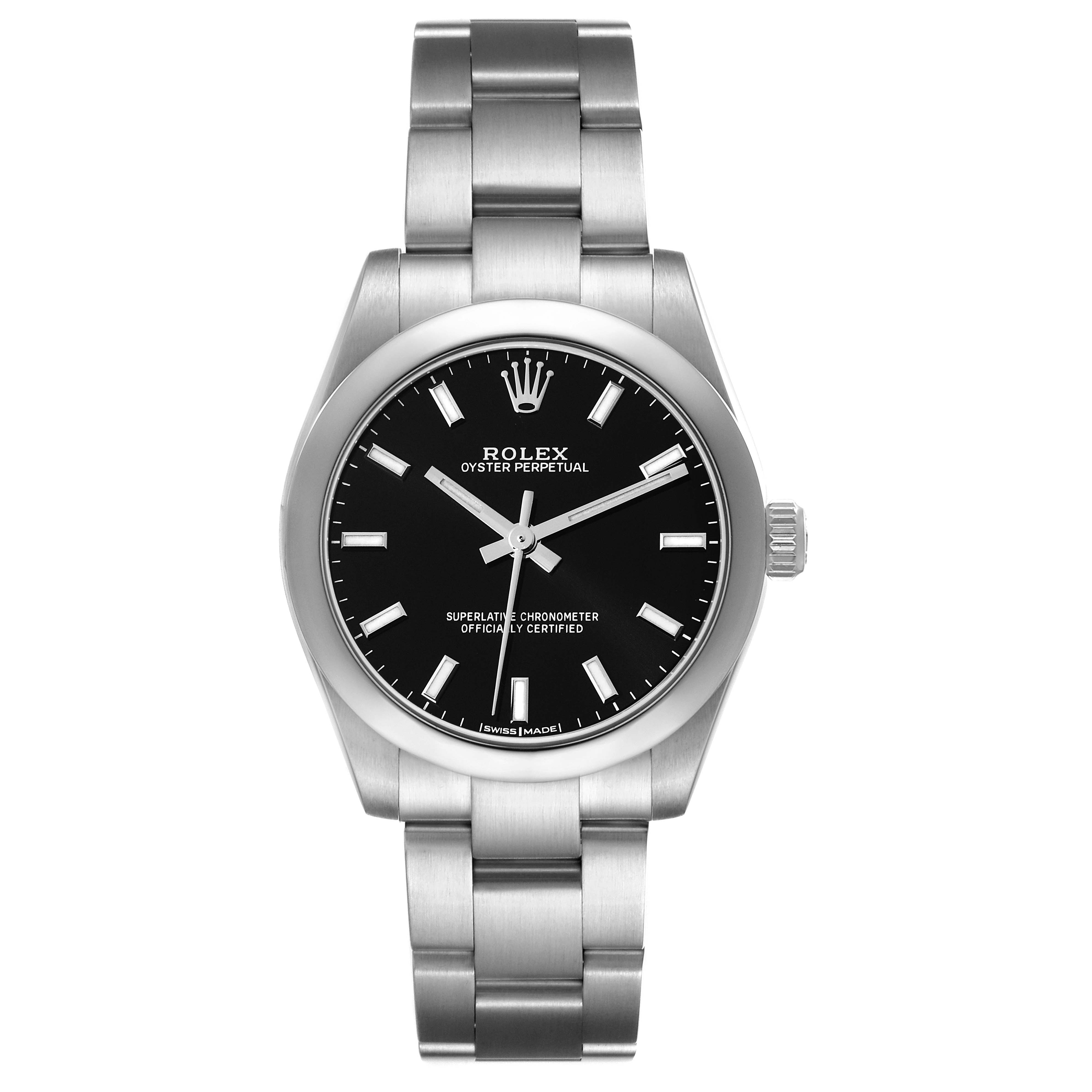 The image shows a front view of a Rolex Oyster Perpetual Mid-Size watch with a black dial and stainless steel bracelet.