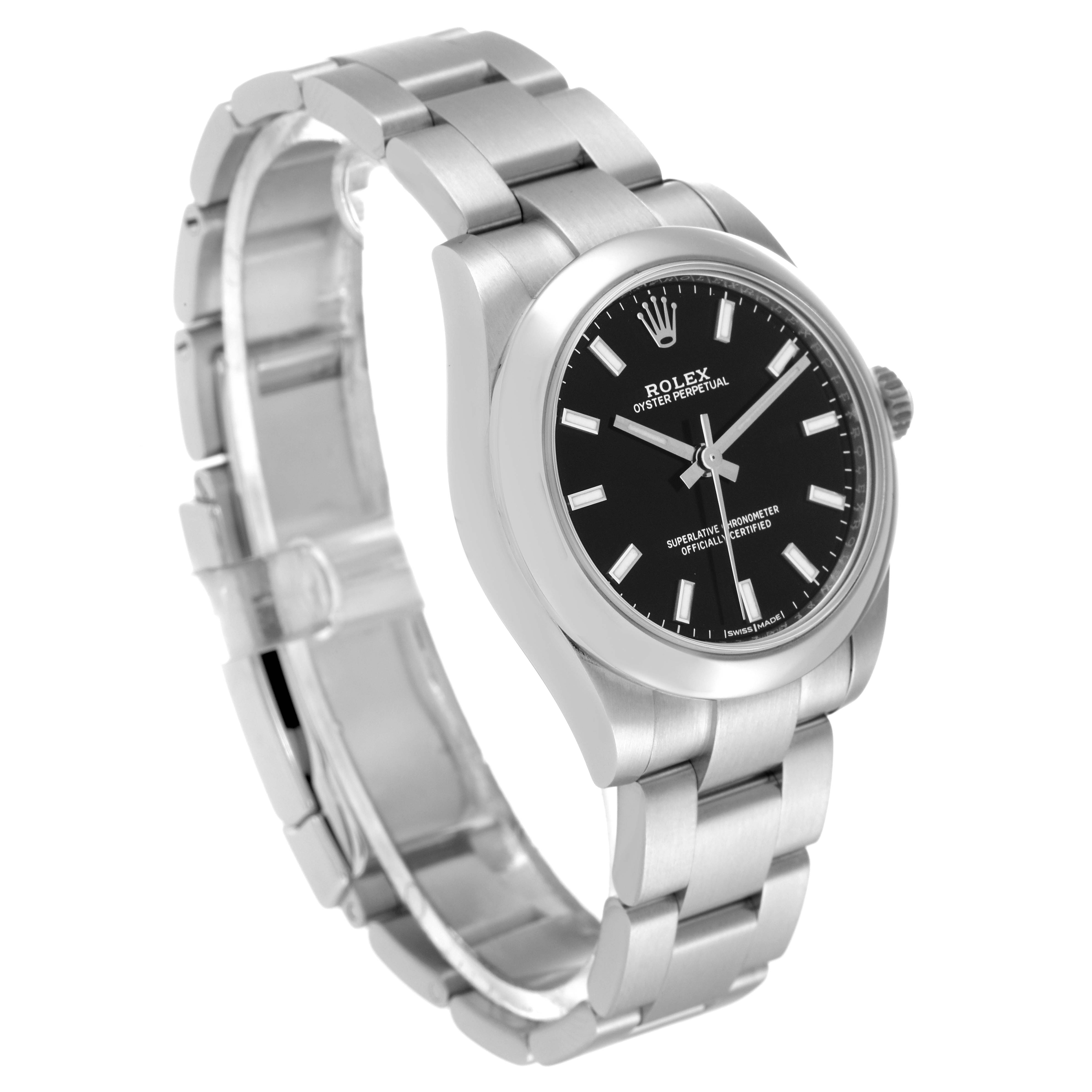 The Rolex Mid-Size 177200 Women
s Stainless Steel Black Dial 177200 Women
s Stainless Steel Black Dial watch is shown at a three-quarter angle, displaying the black dial, stainless steel bracelet, and crown.