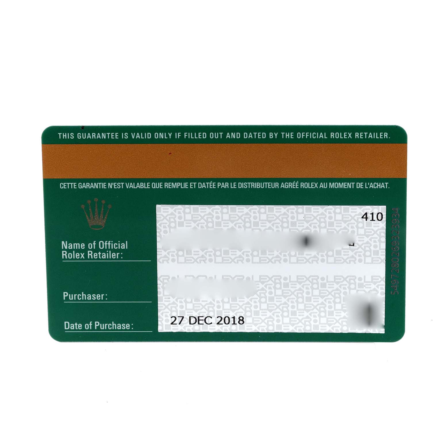 The image shows a rectangular warranty card for a Mid-Size Rolex watch from the front angle.