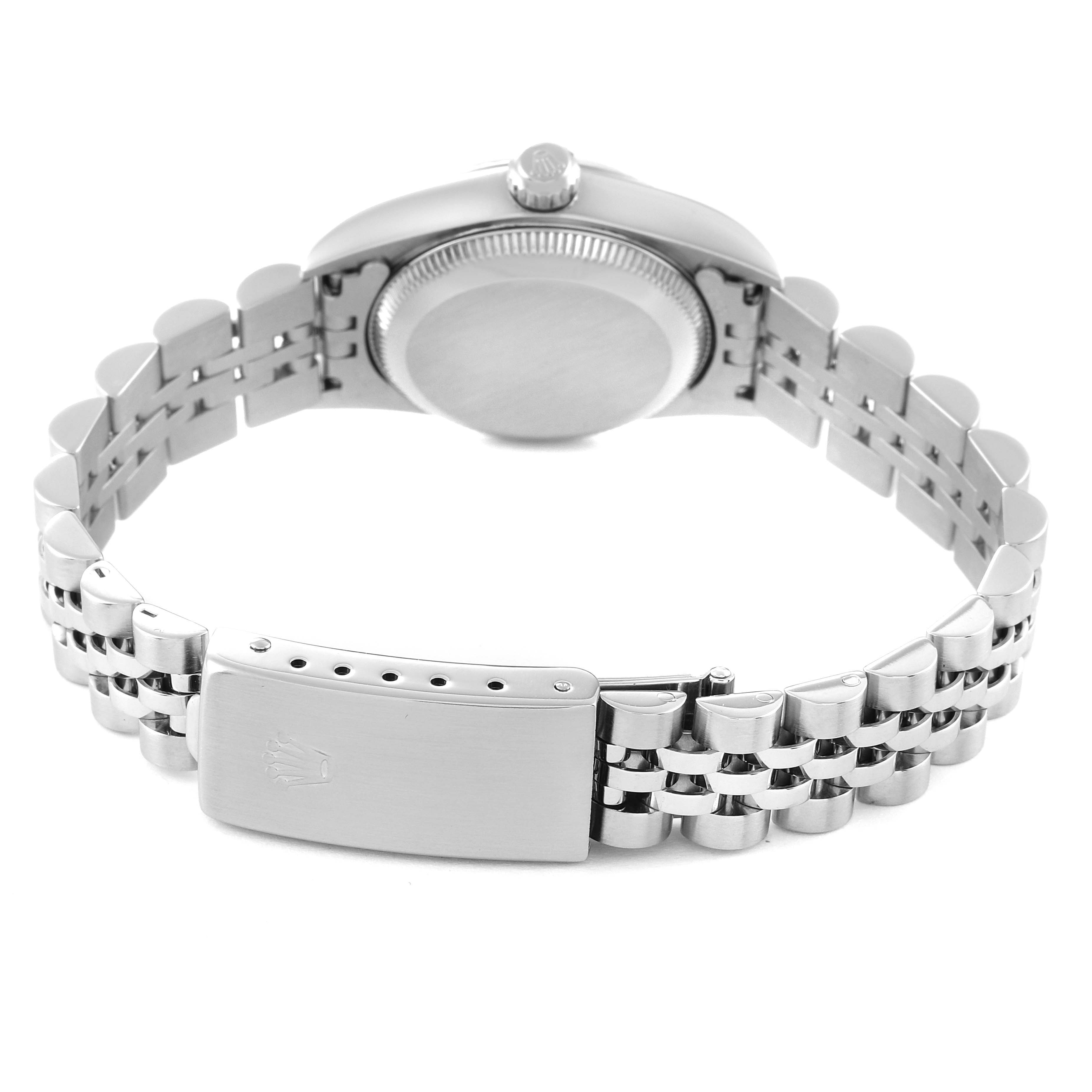 This image shows the back view of a Rolex Oyster Perpetual 76094 Women
s Stainless Steel Pink Dial 76094 Women
s Stainless Steel Pink Dial watch, featuring the case, crown, and bracelet with clasp.