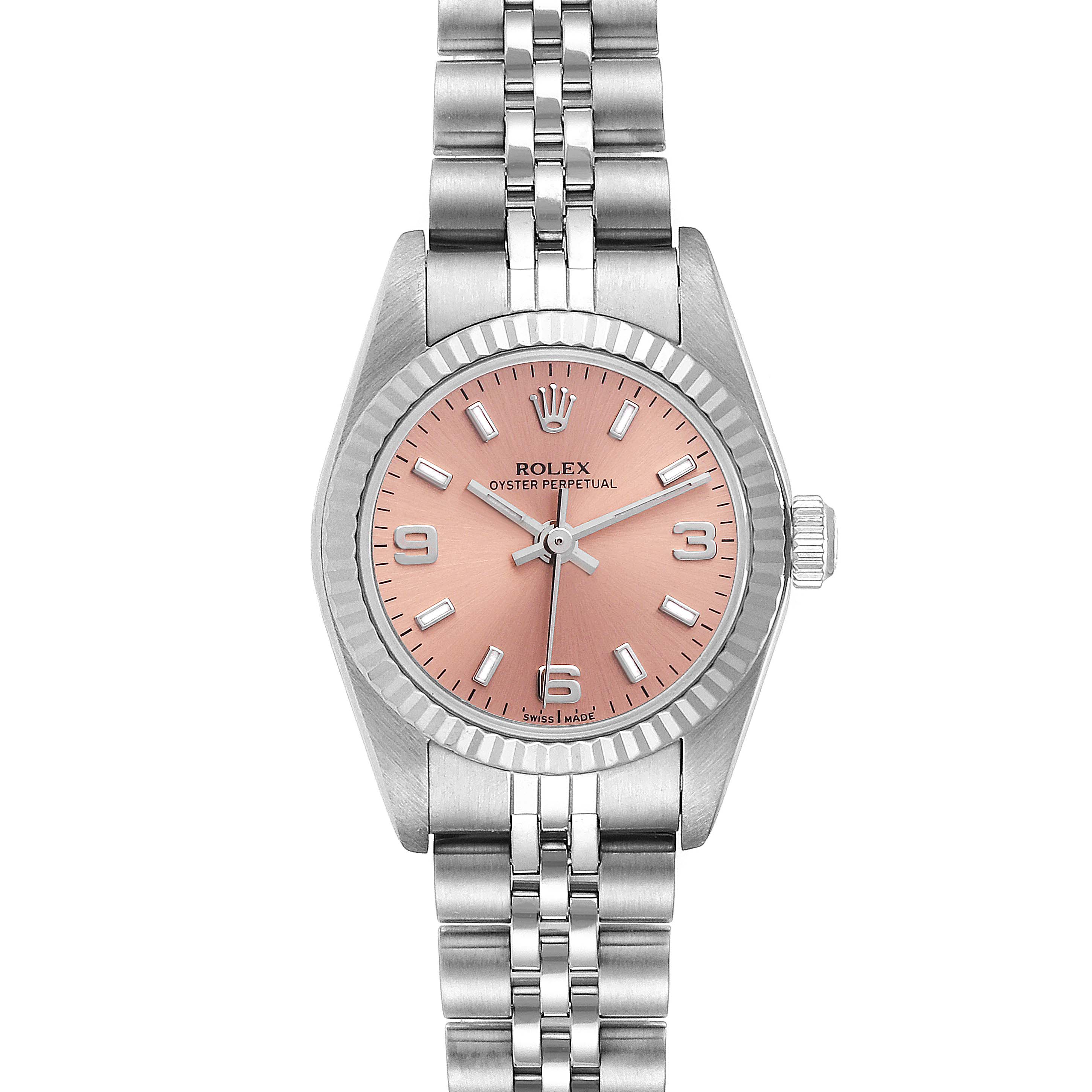 The image shows a front view of a Rolex Oyster Perpetual 76094 Women
s Stainless Steel Pink Dial 76094 Women
s Stainless Steel Pink Dial watch with a pink dial and stainless steel bracelet.