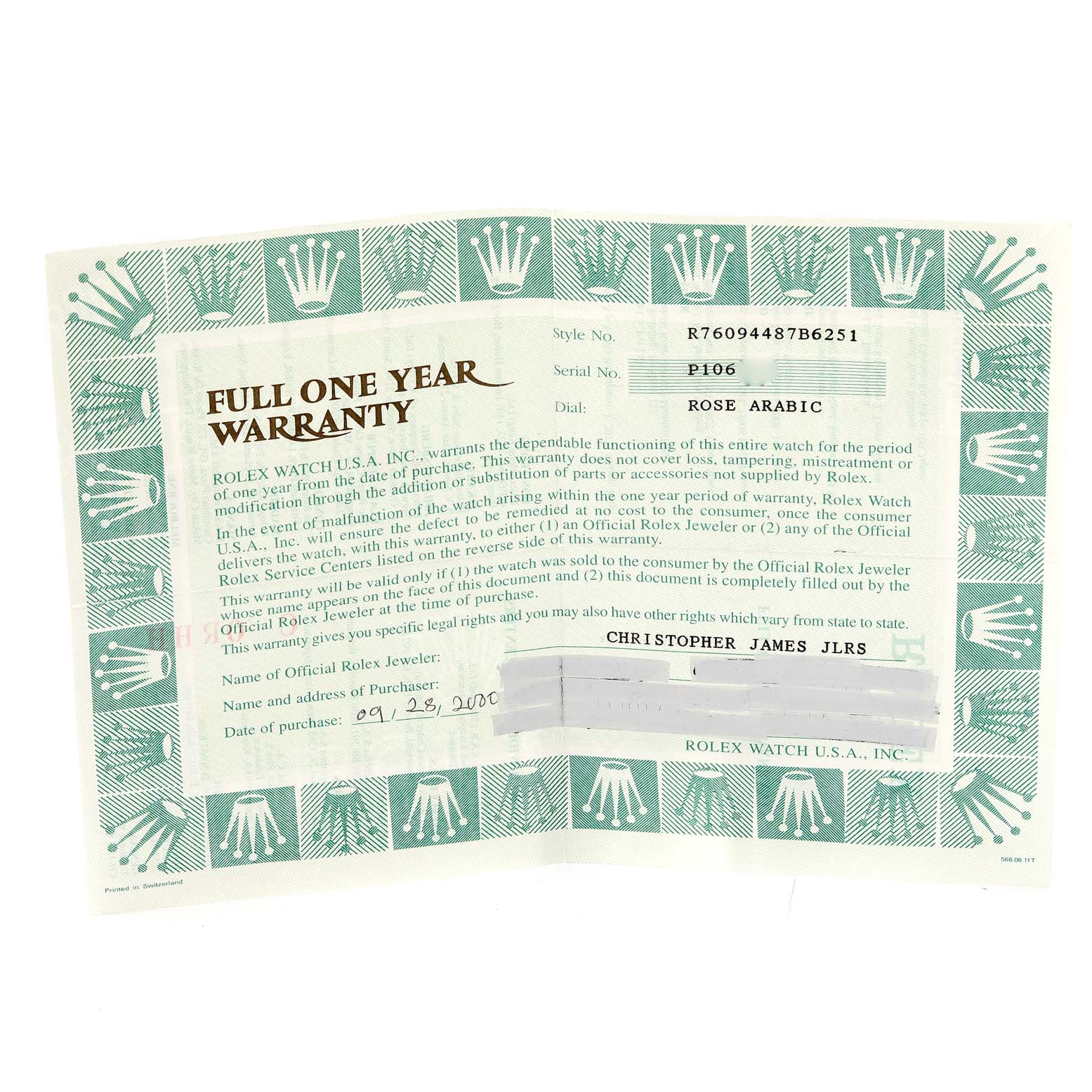 This image shows a full one-year warranty card for a Rolex Oyster Perpetual 76094 Women
s Stainless Steel Pink Dial 76094 Women
s Stainless Steel Pink Dial watch.