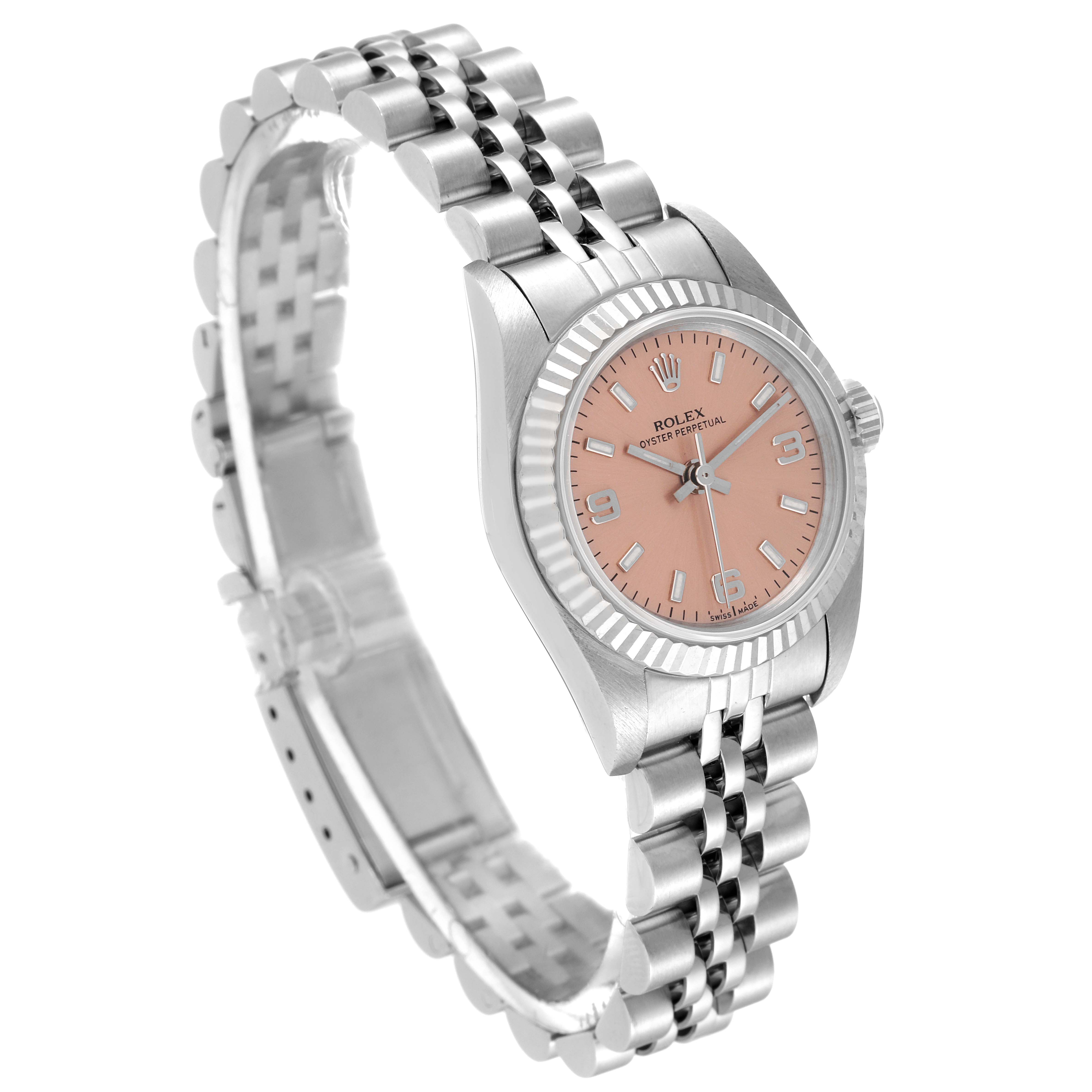 The image shows a side angled view of a Rolex Oyster Perpetual 76094 Women
s Stainless Steel Pink Dial 76094 Women
s Stainless Steel Pink Dial watch displaying its face, bezel, crown, and bracelet.