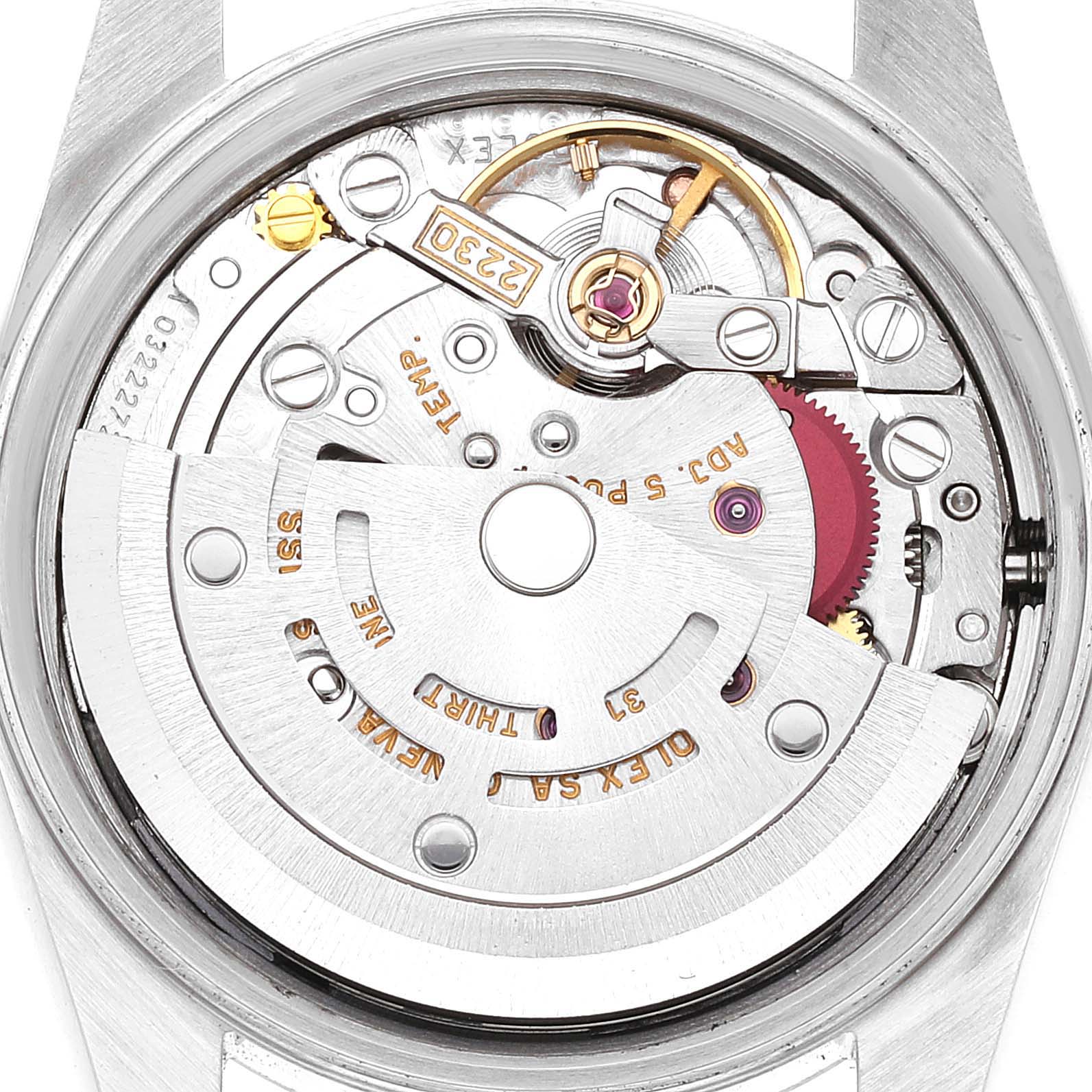 The image shows the intricate inner mechanism of a Rolex Oyster Perpetual 76094 Women
s Stainless Steel Pink Dial 76094 Women
s Stainless Steel Pink Dial watch, including gears and the rotor.