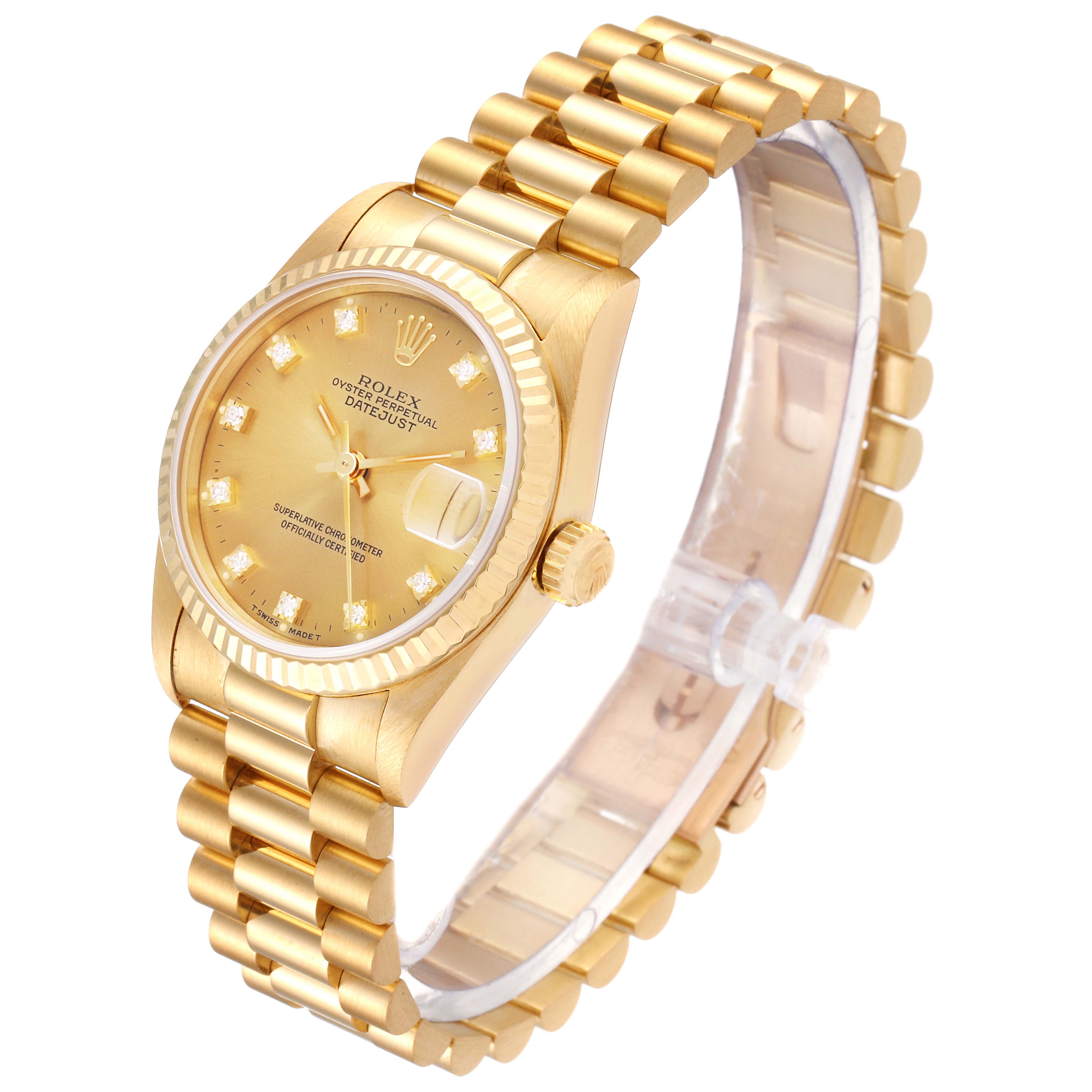 The image shows a Rolex President 68278 Women
s Yellow Gold Champagne Dial 68278 Women
s Yellow Gold Champagne Dial watch at an angle that displays its dial, crown, and bracelet.